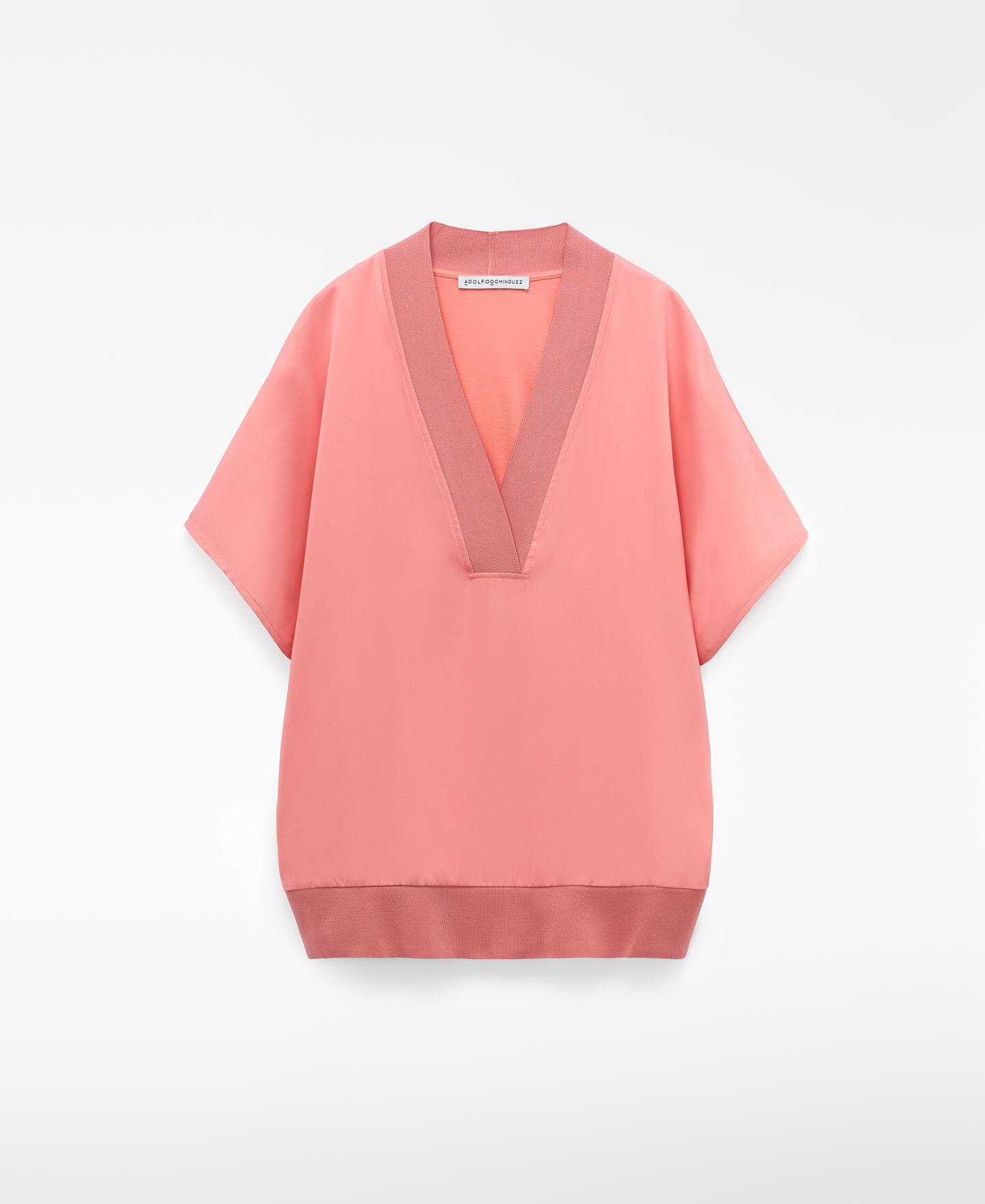 T-shirt de Tecido Duplo com Gola em V Rosa-pastel-5
