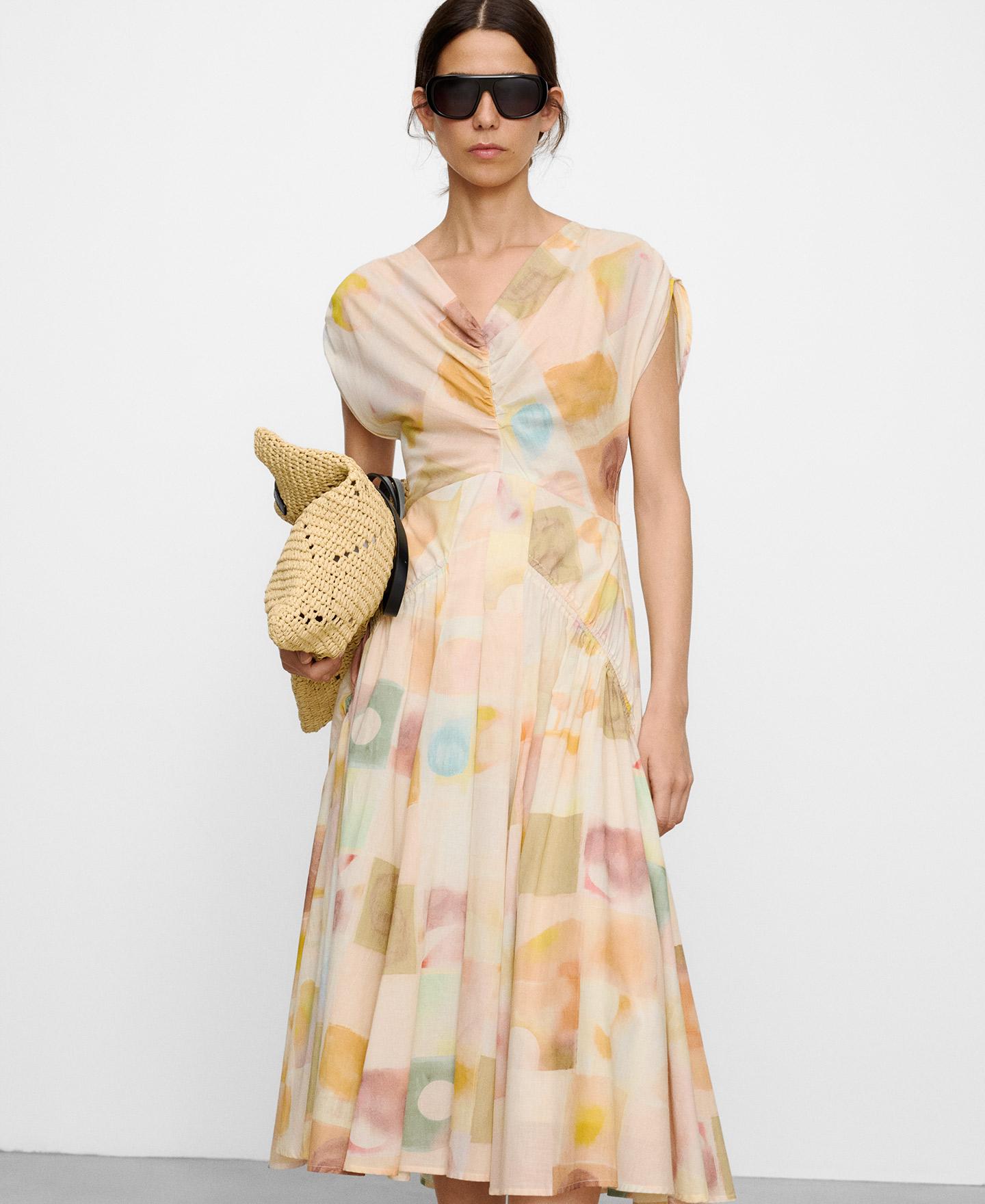 Vestido Midi Franzido em Algodão Estampado Multicolor-1
