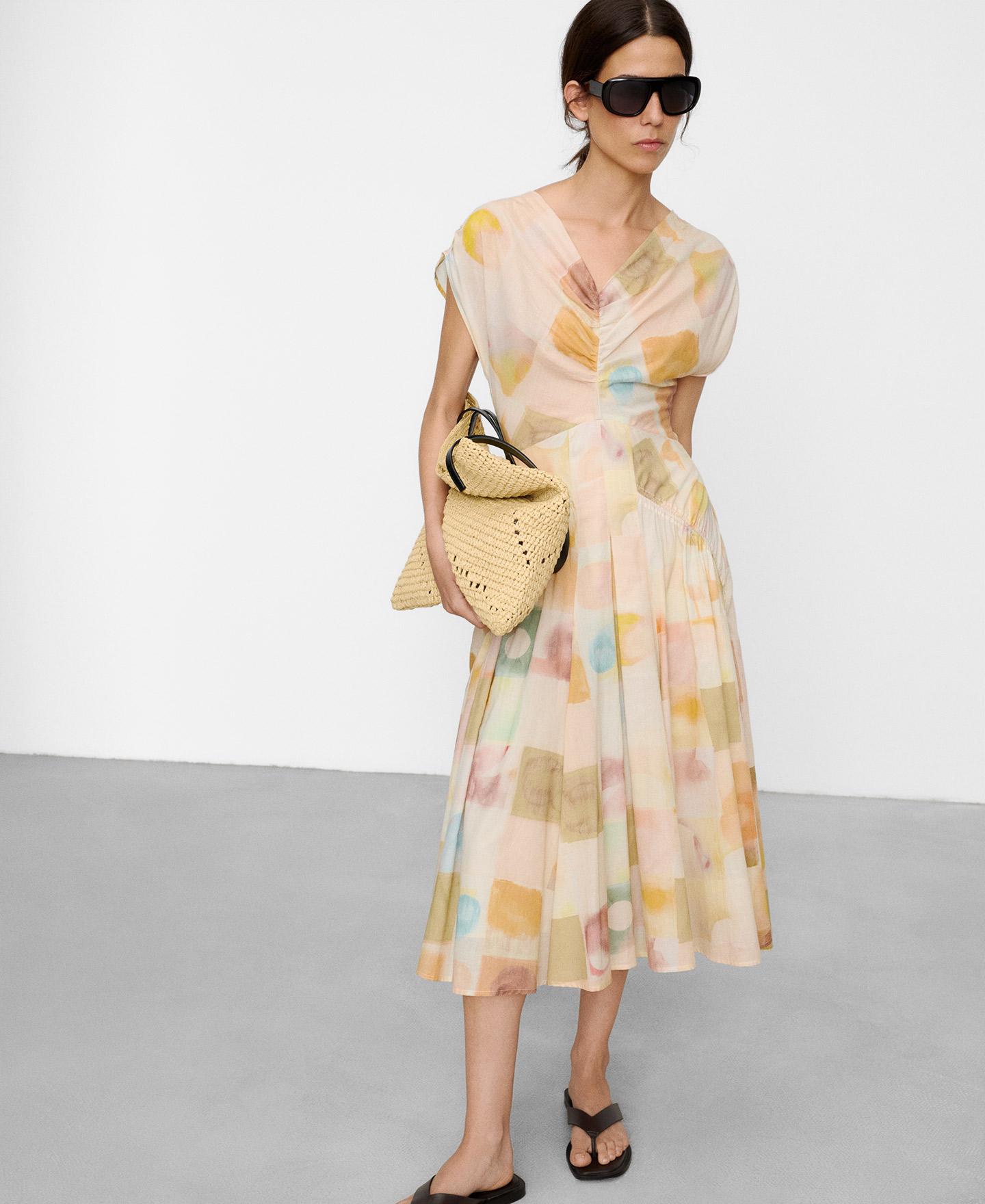 Vestido Midi Franzido em Algodão Estampado Multicolor-5