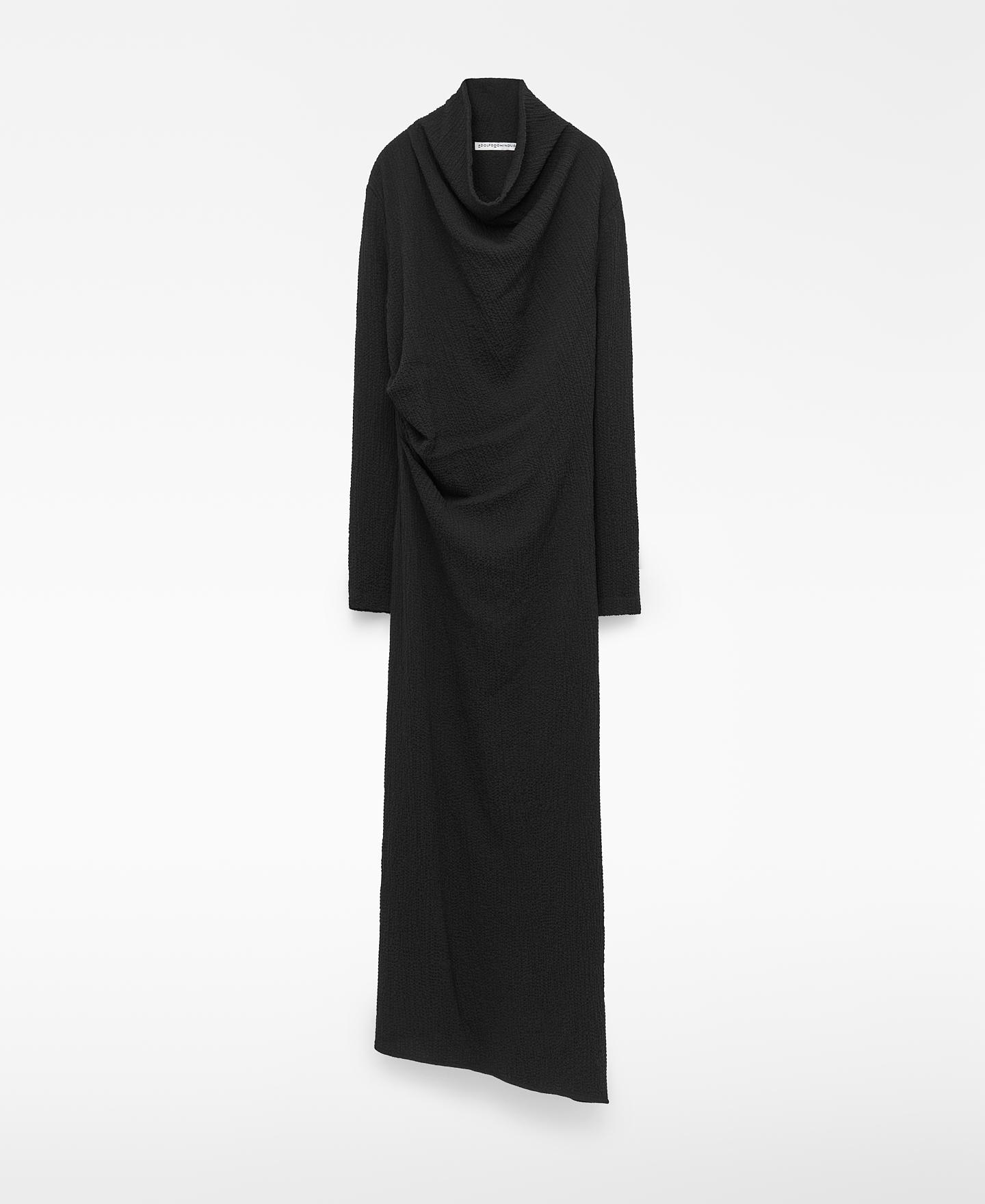 Vestido Comprido Ajustado Drapeado com Bainha Assimétrica Preto-5