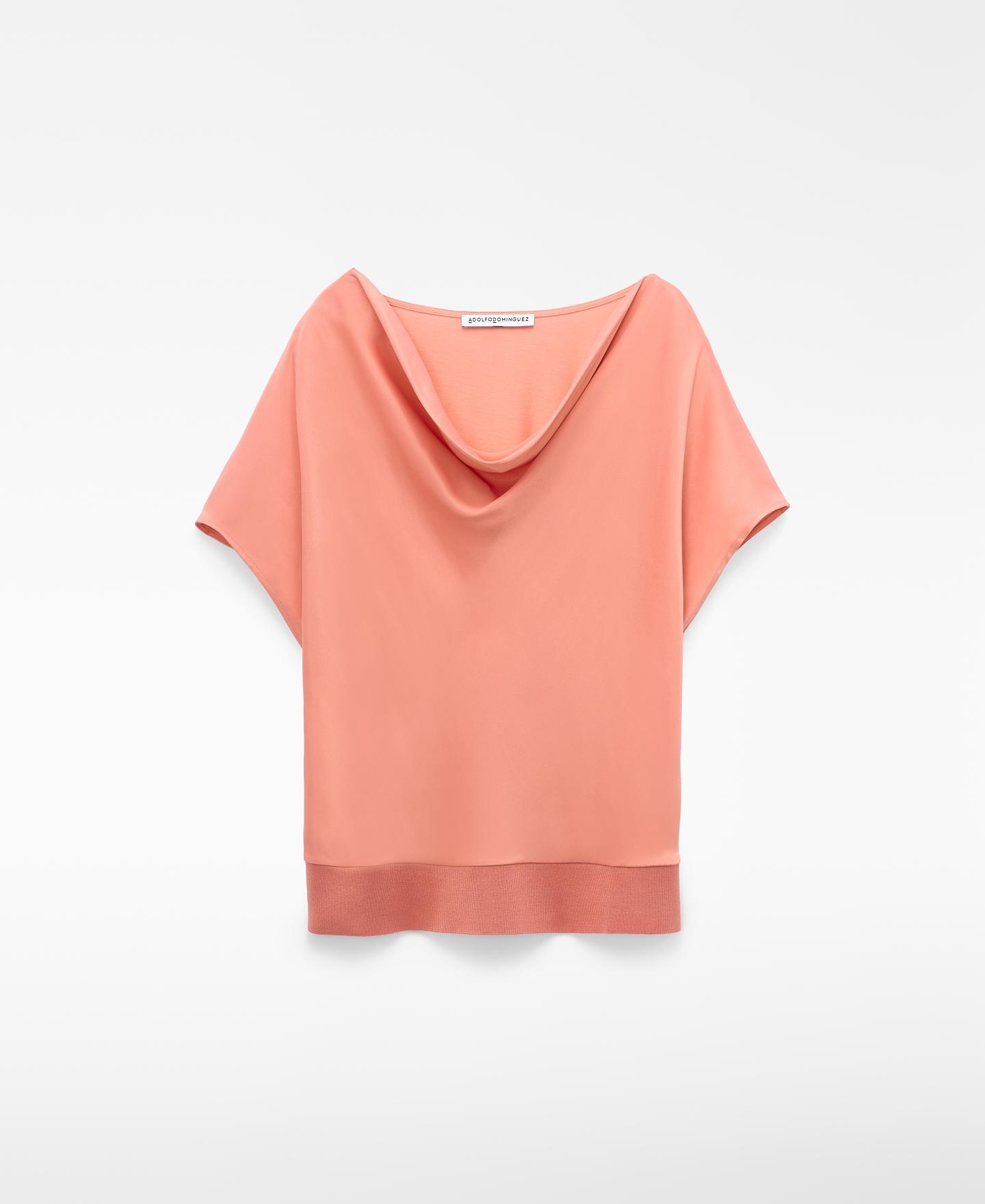 T-shirt com Algodão e Decote Drapeado Salmão-5