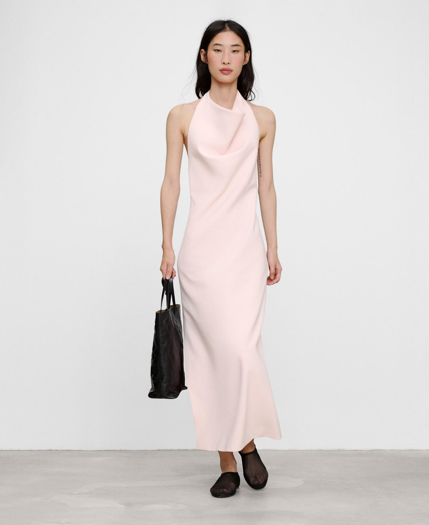Vestido Comprido de Corte a Direito com Gola Halter Rosa-2
