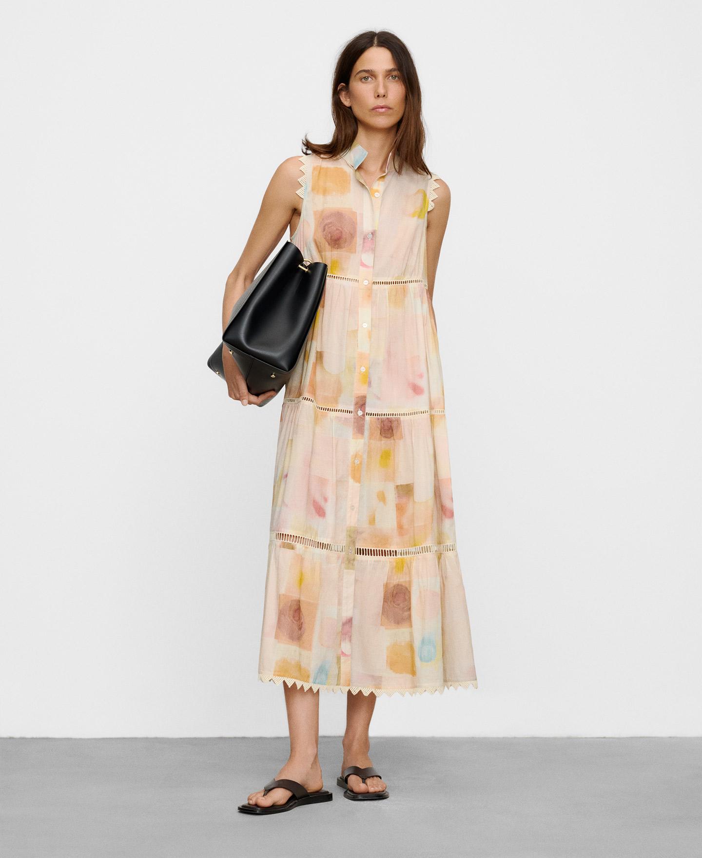 Vestido Comprido Estampado em Algodão com Entredós Multicolor-2