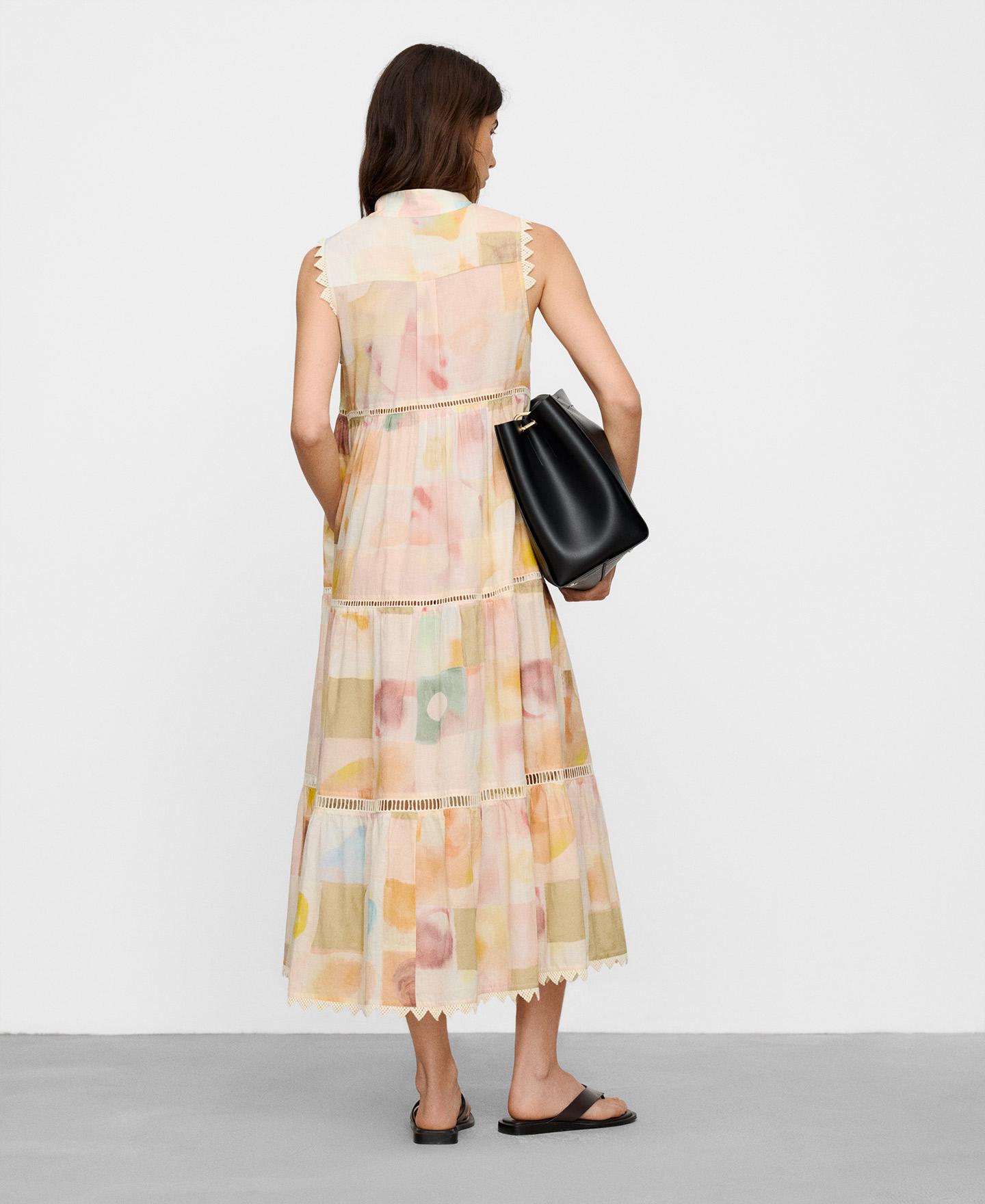Vestido Comprido Estampado em Algodão com Entredós Multicolor-3