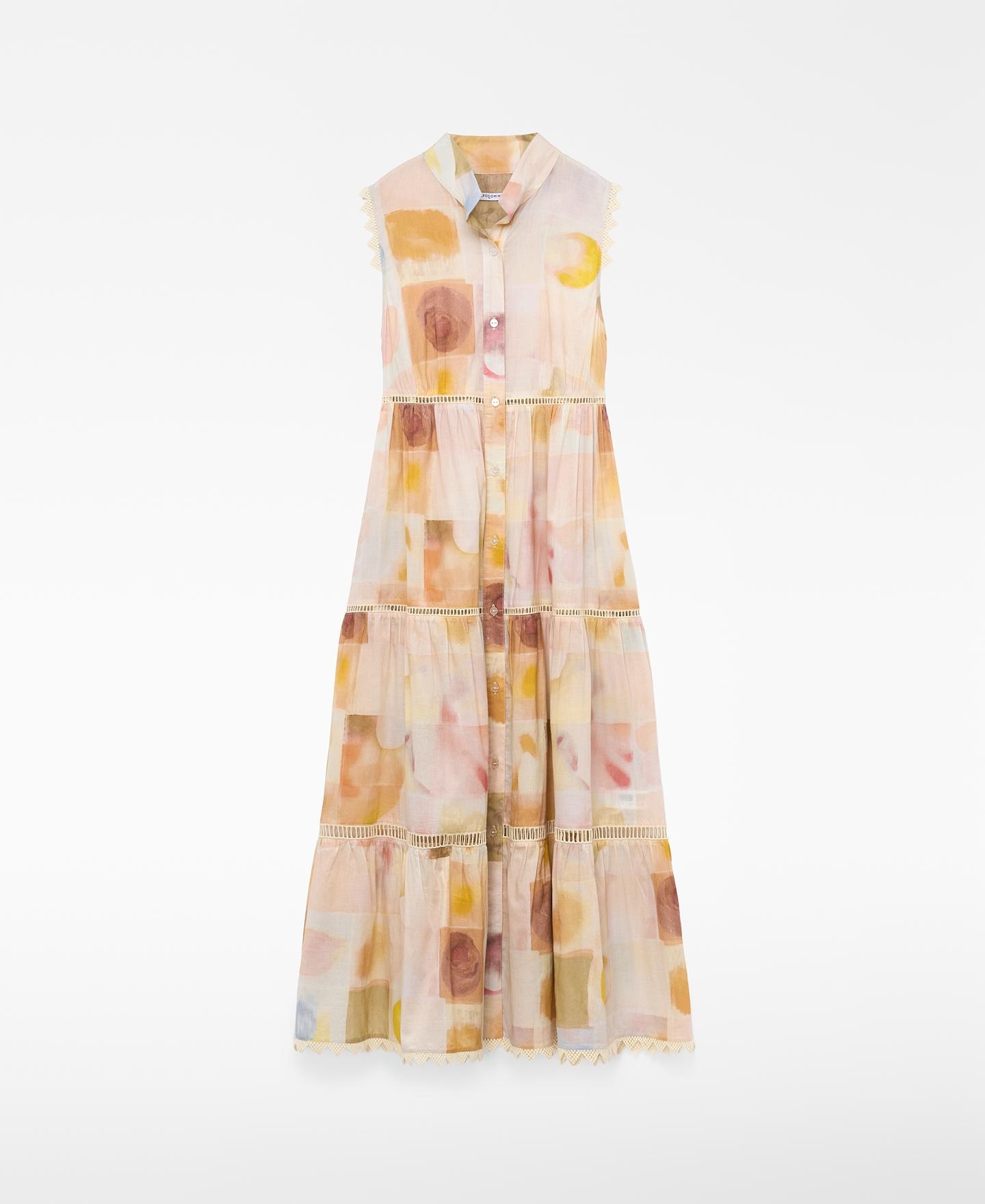 Vestido Comprido Estampado em Algodão com Entredós Multicolor-5