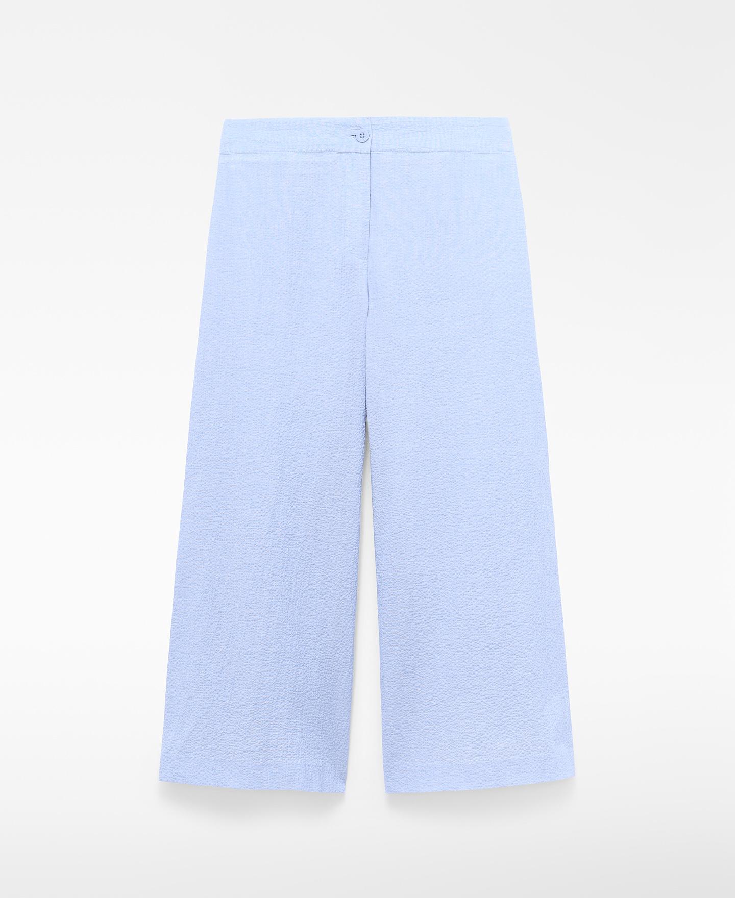 Calças Largas Tipo Culotte em Seersucker de Algodão Azul-claro-5