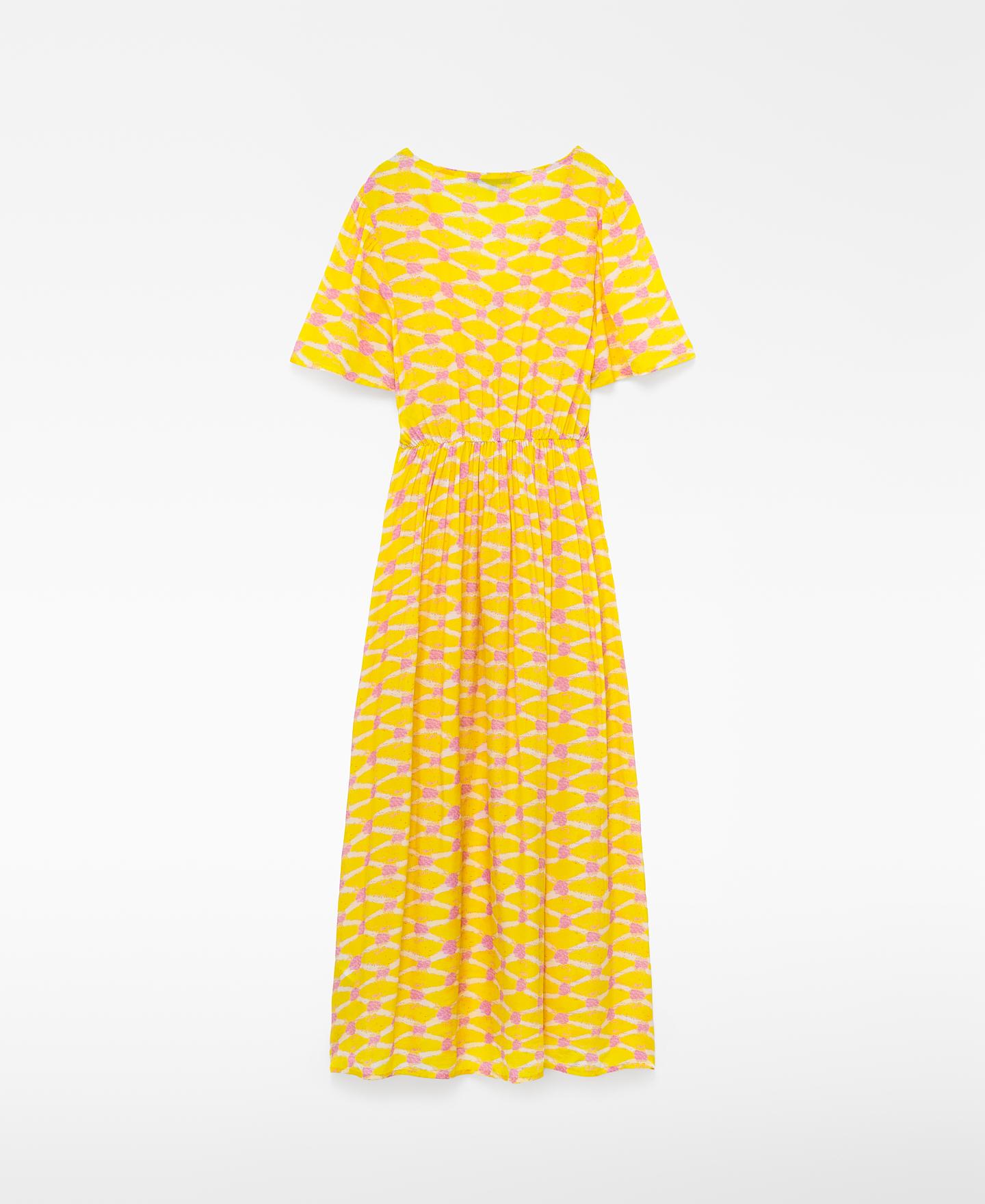 Vestido Comprido Estampado com Decote em V e Cordão Branco/Amarelo-2