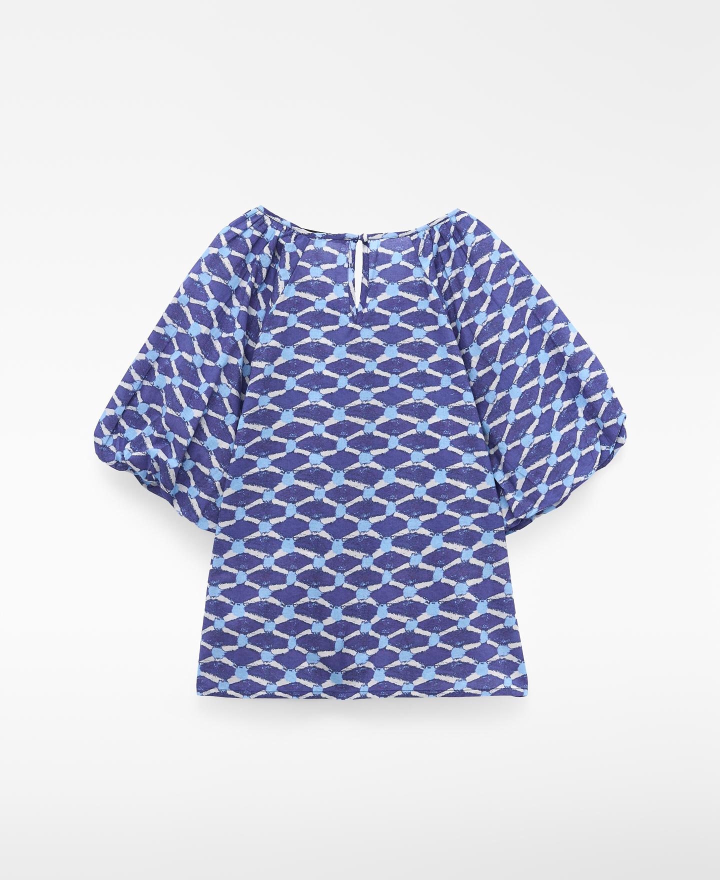 Blusa com Parte Frontal Franzida Estampada Azul/Branco-2