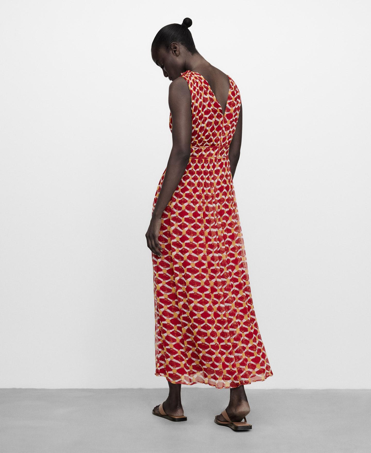 Vestido Midi Plissado Estampado Vermelho-3