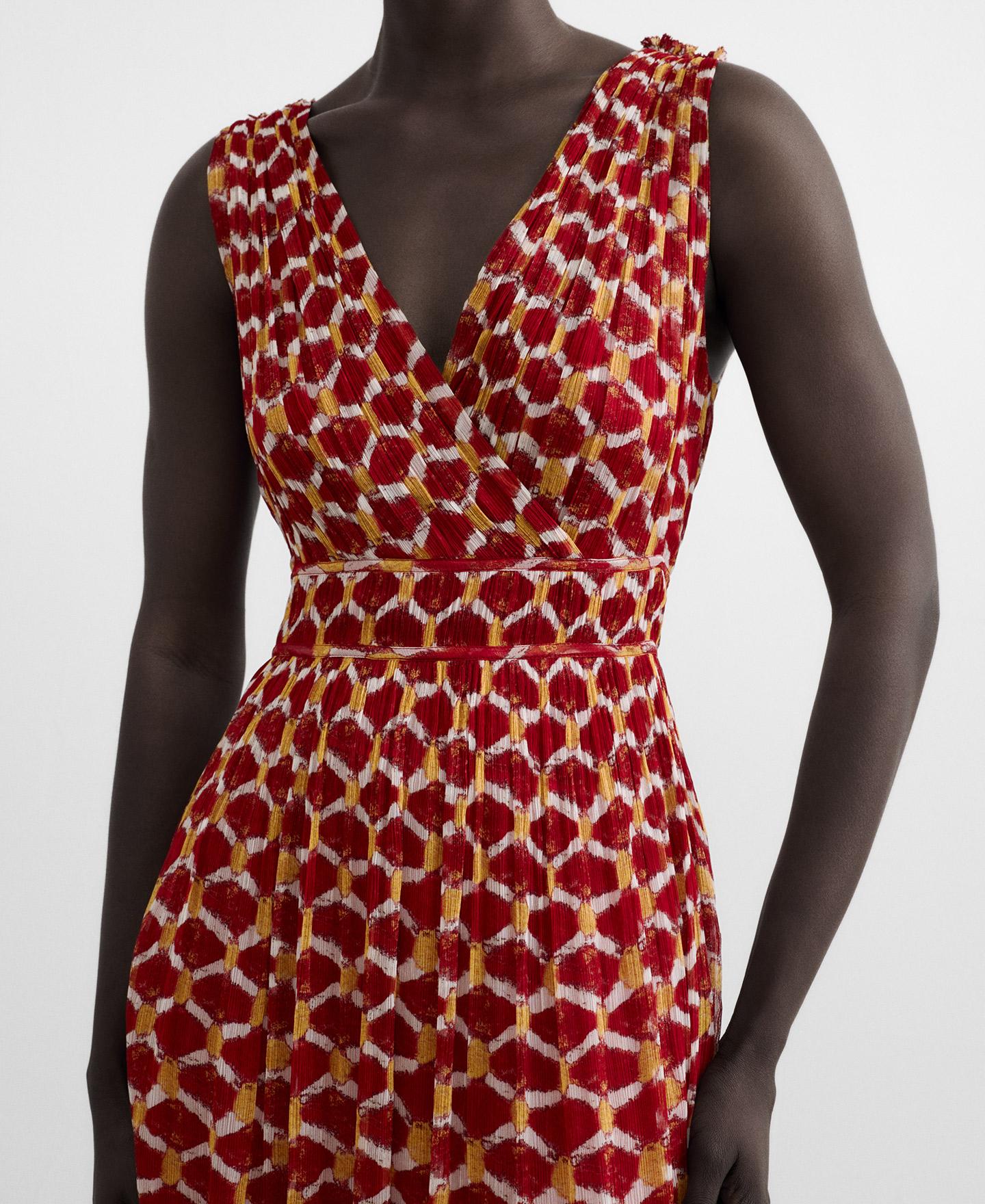Vestido Midi Plissado Estampado Vermelho-4