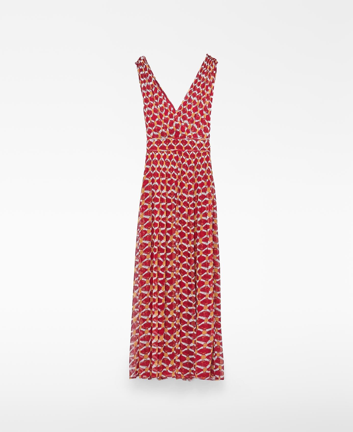 Vestido Midi Plissado Estampado Vermelho-5