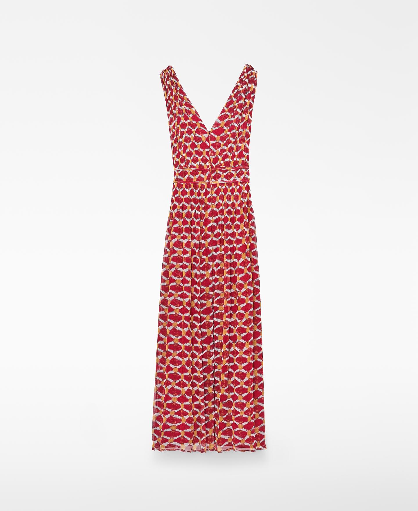 Vestido Midi Plissado Estampado Vermelho-6