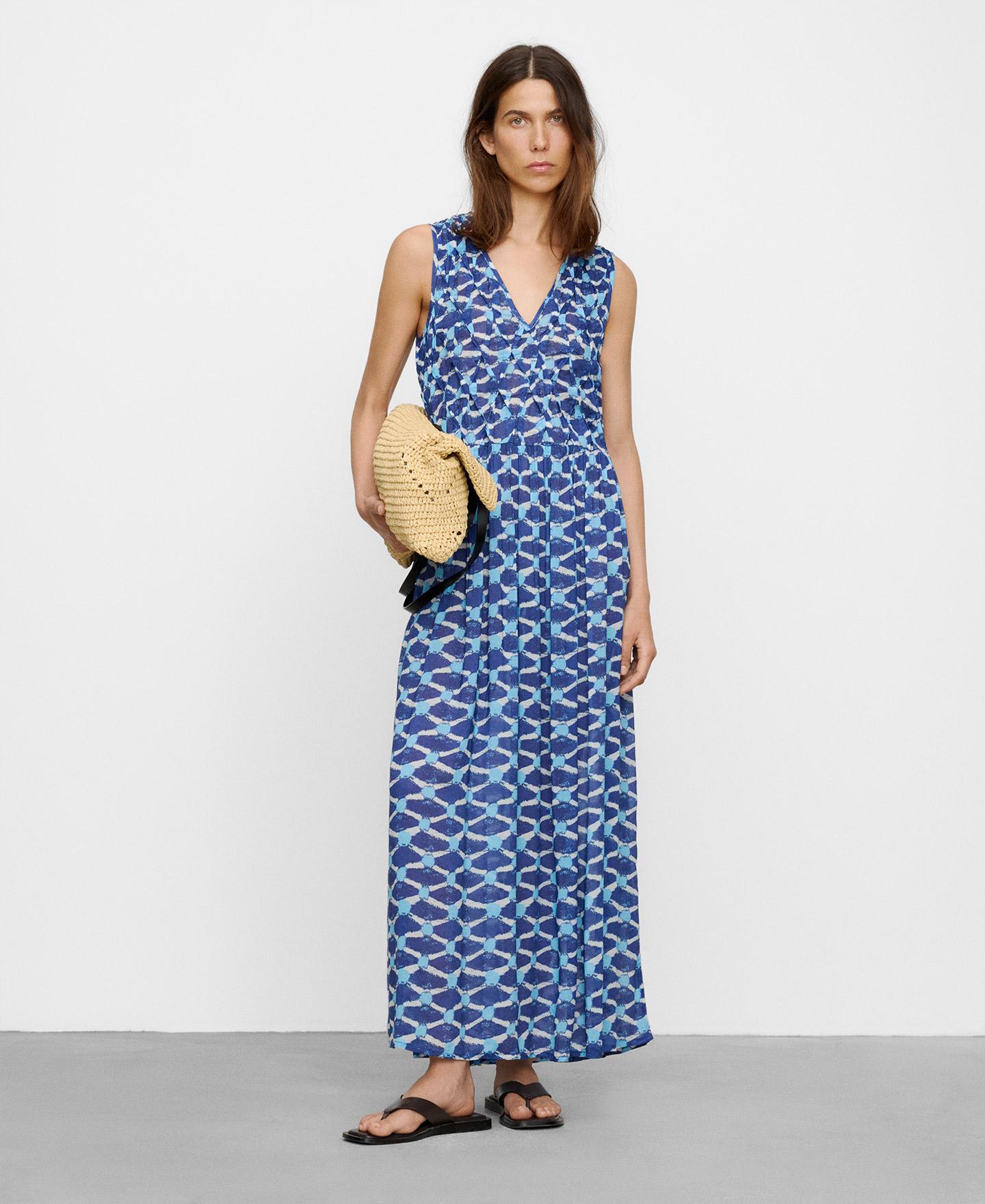 Vestido Comprido Estampado com Corpo Franzido Azul/Branco-2