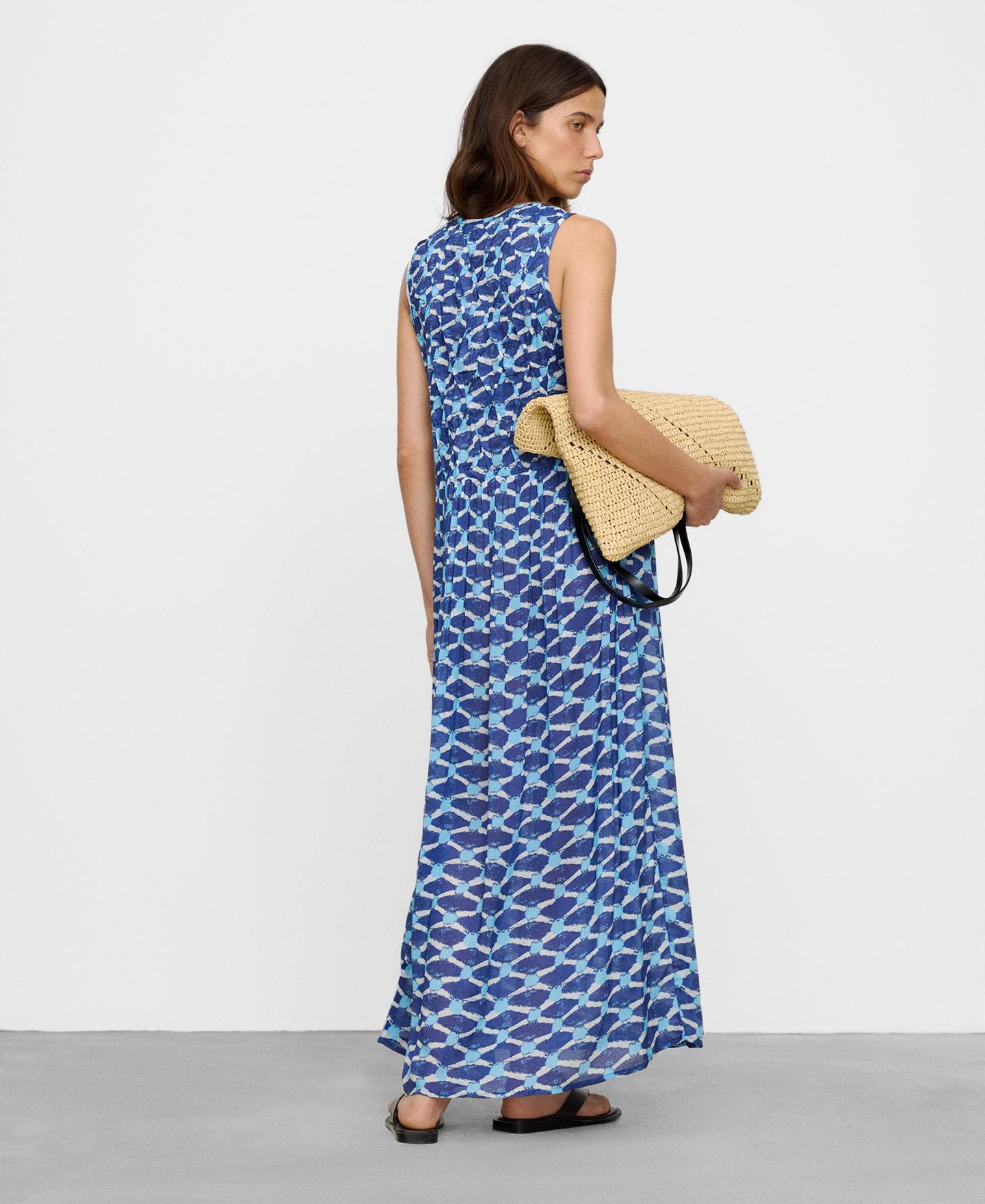 Vestido Comprido Estampado com Corpo Franzido Azul/Branco-3