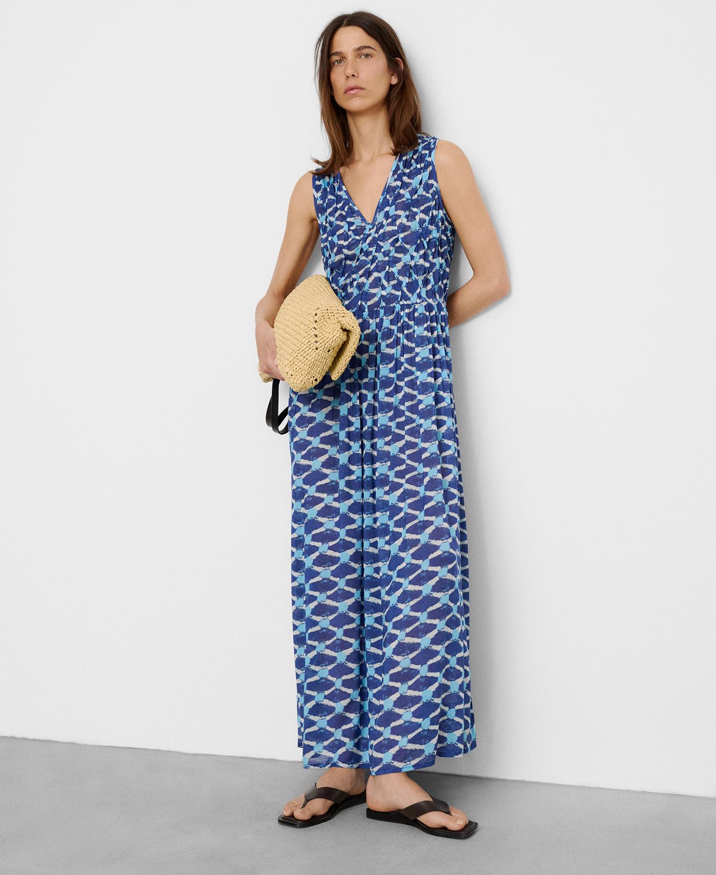 Vestido Comprido Estampado com Corpo Franzido Azul/Branco-4