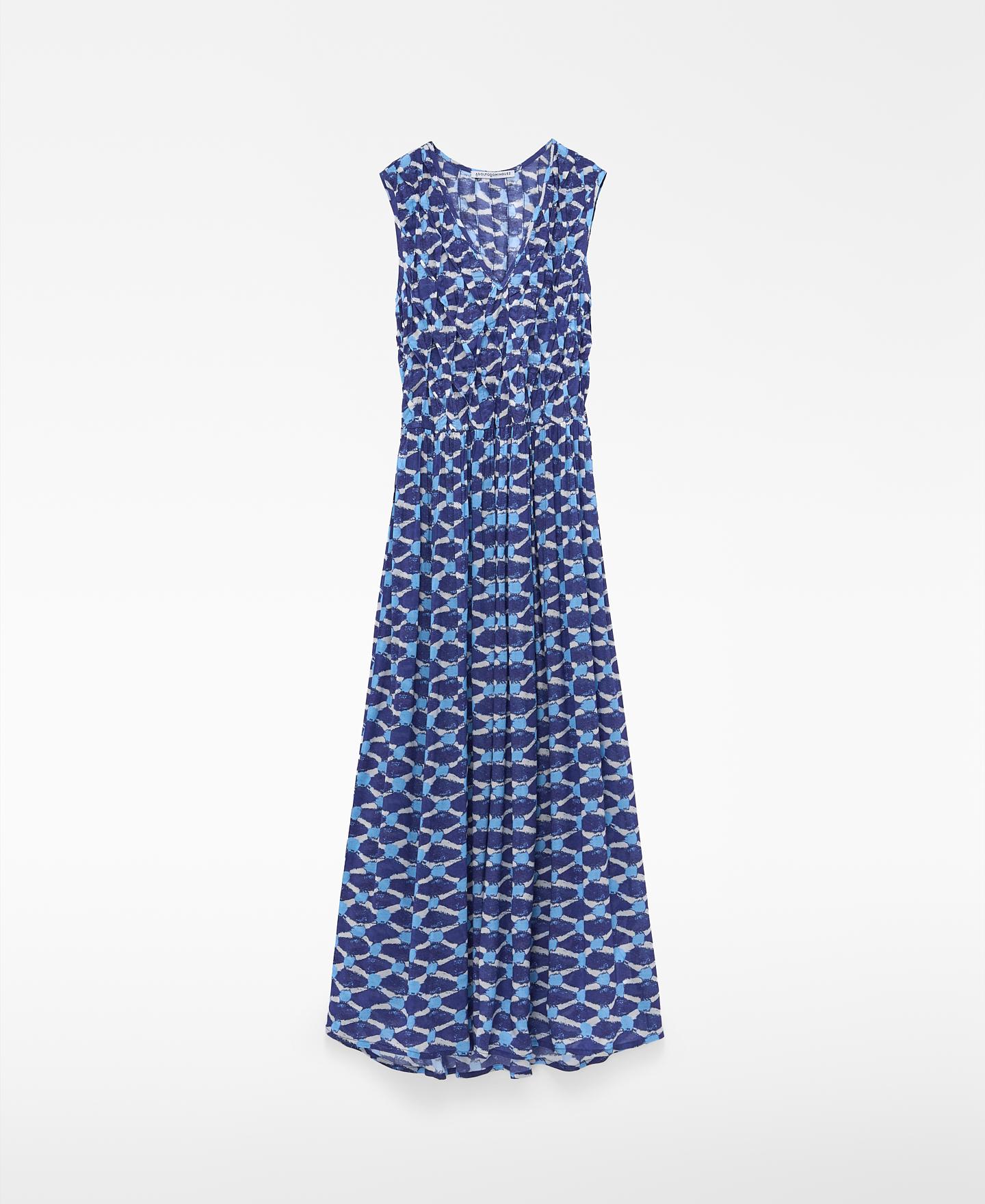 Vestido Comprido Estampado com Corpo Franzido Azul/Branco-5