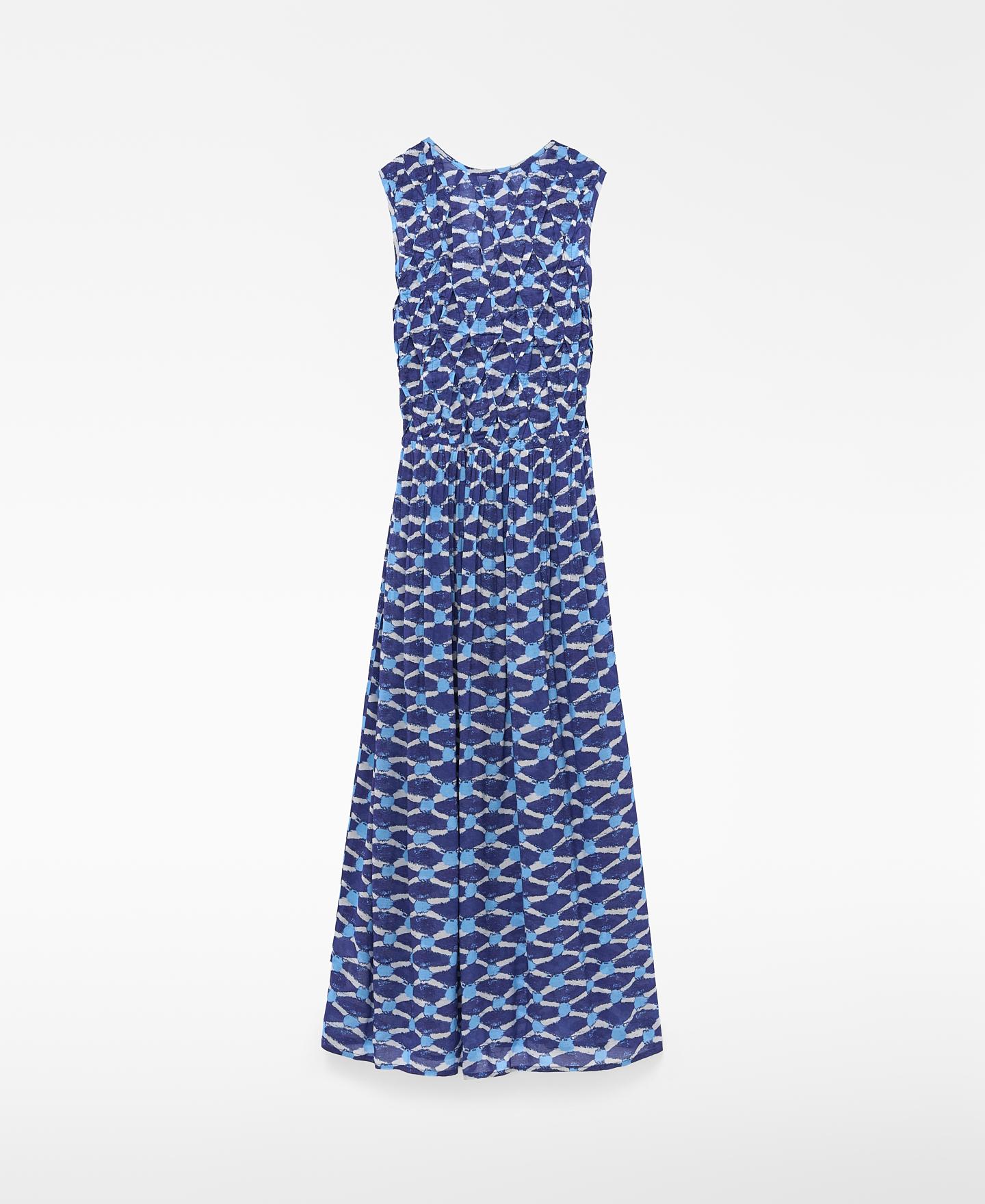 Vestido Comprido Estampado com Corpo Franzido Azul/Branco-6