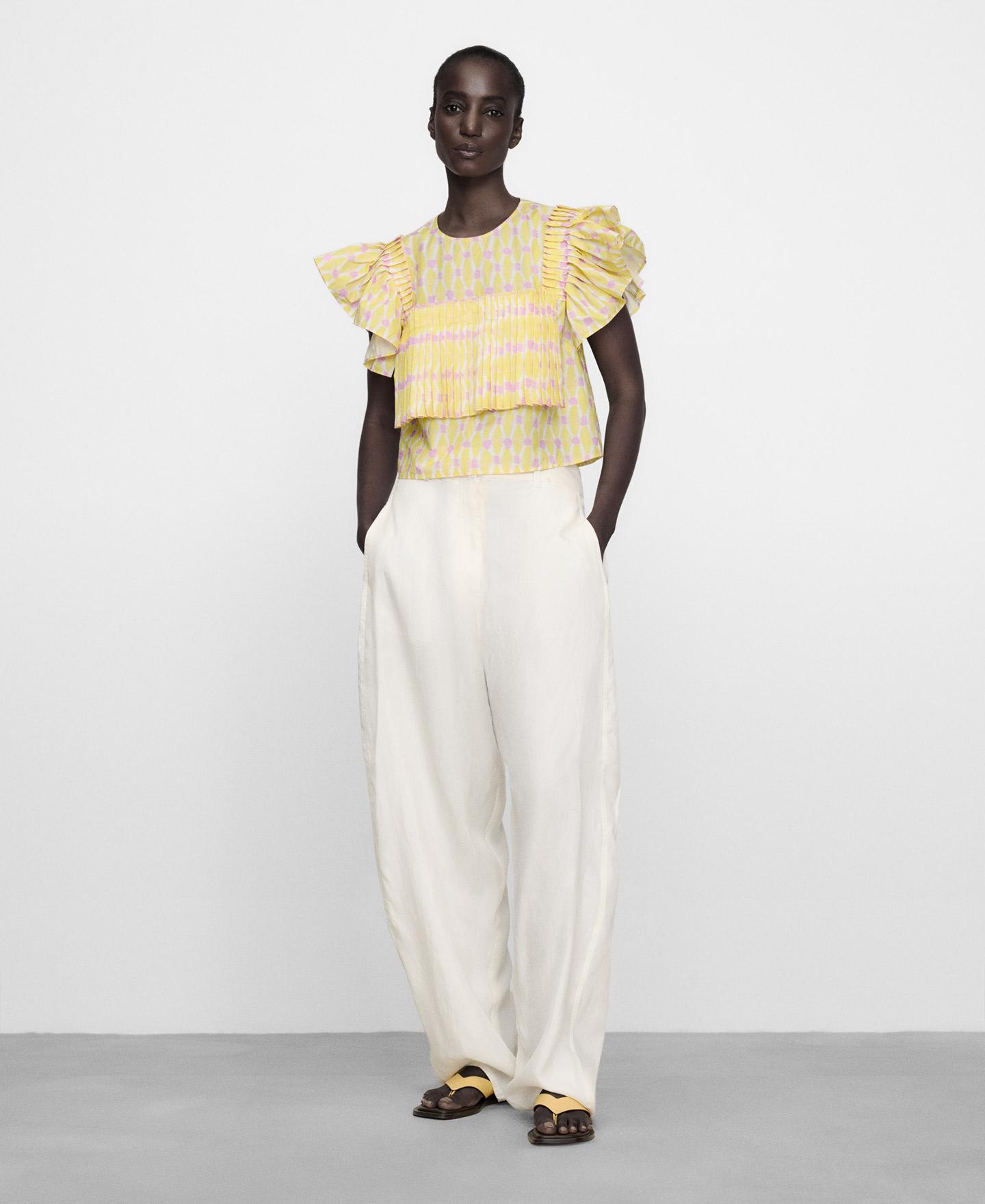 Crop Top de Algodão Estampado com Folhos Branco/Amarelo-2
