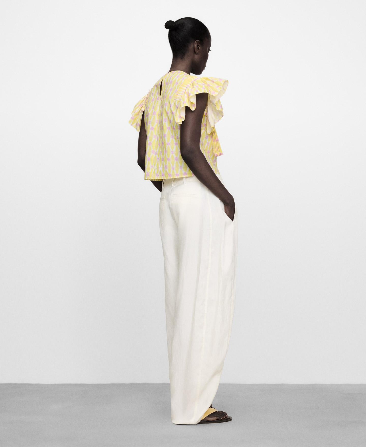 Crop Top de Algodão Estampado com Folhos Branco/Amarelo-3