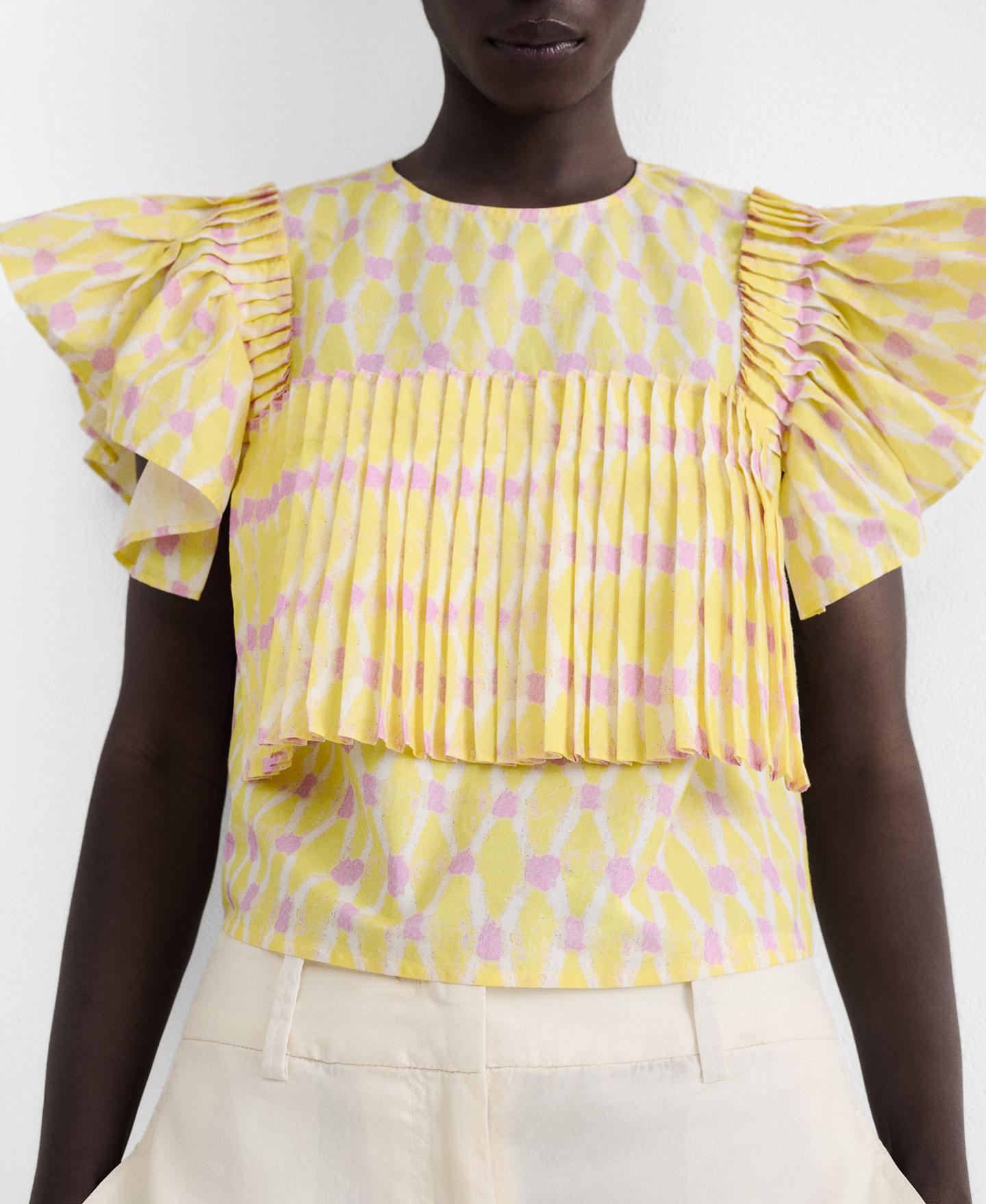 Crop Top de Algodão Estampado com Folhos Branco/Amarelo-4