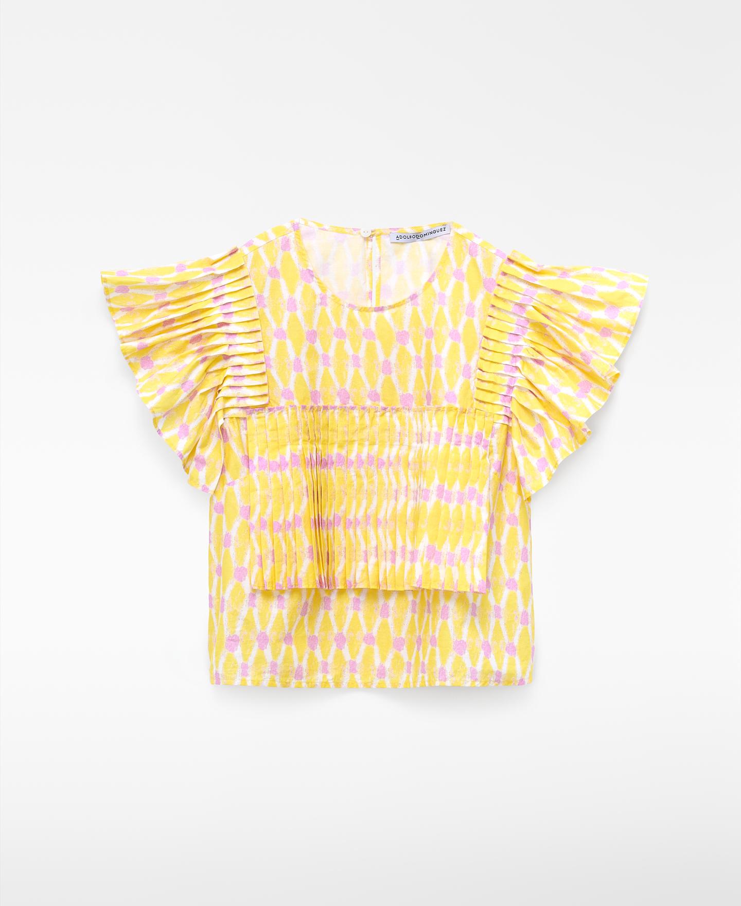 Crop Top de Algodão Estampado com Folhos Branco/Amarelo-5