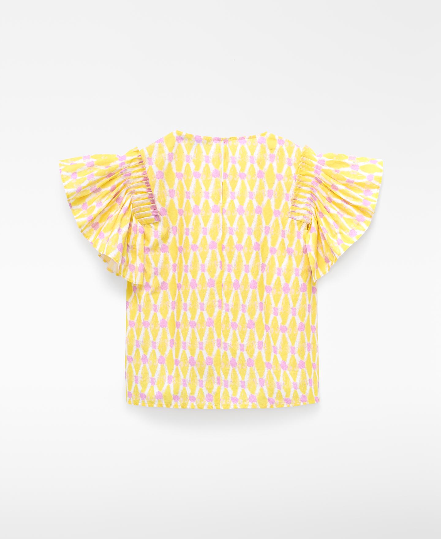 Crop Top de Algodão Estampado com Folhos Branco/Amarelo-6