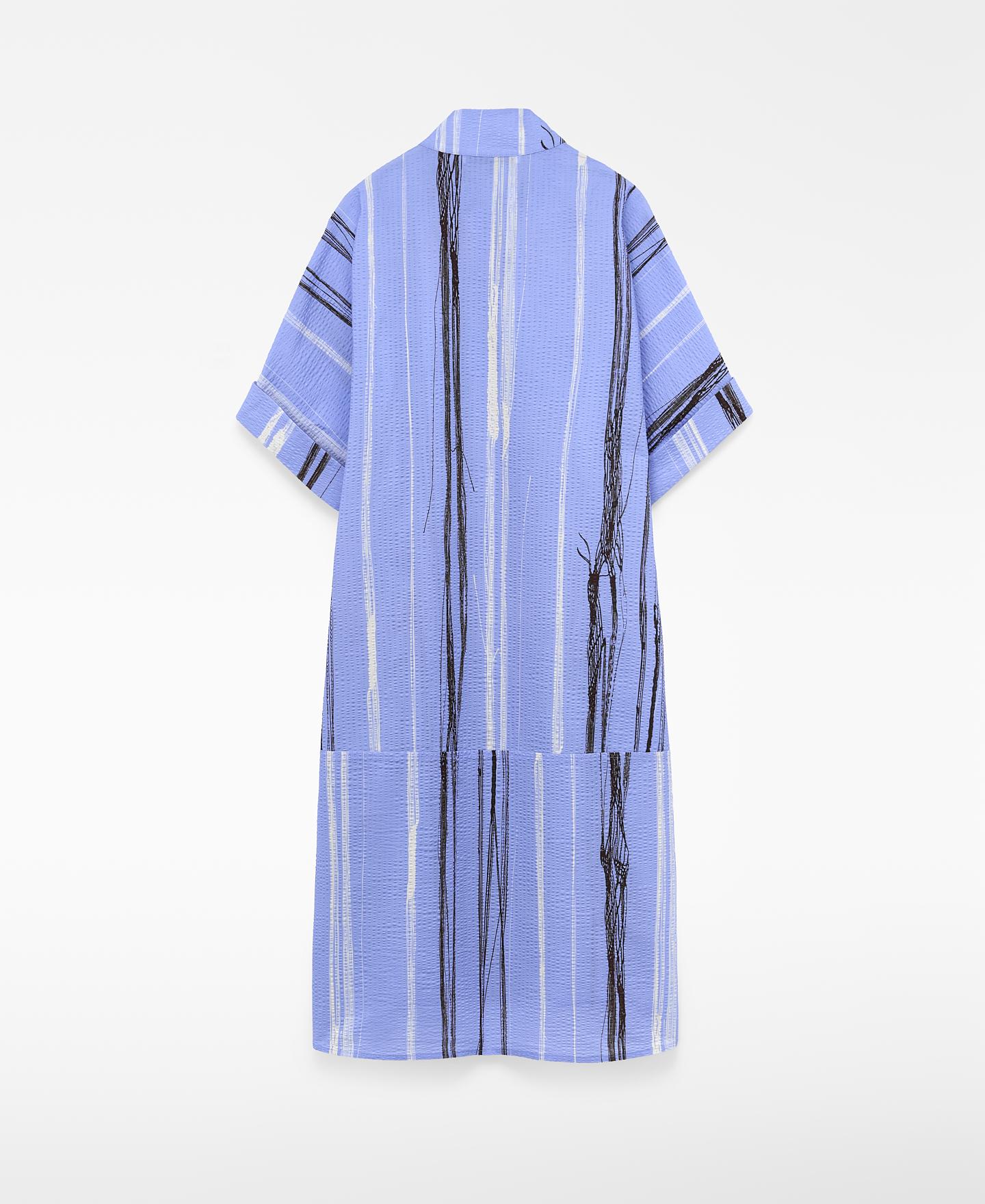 Vestido Comprido Às Riscas Irregulares em Tecido Seersucker Azul-6
