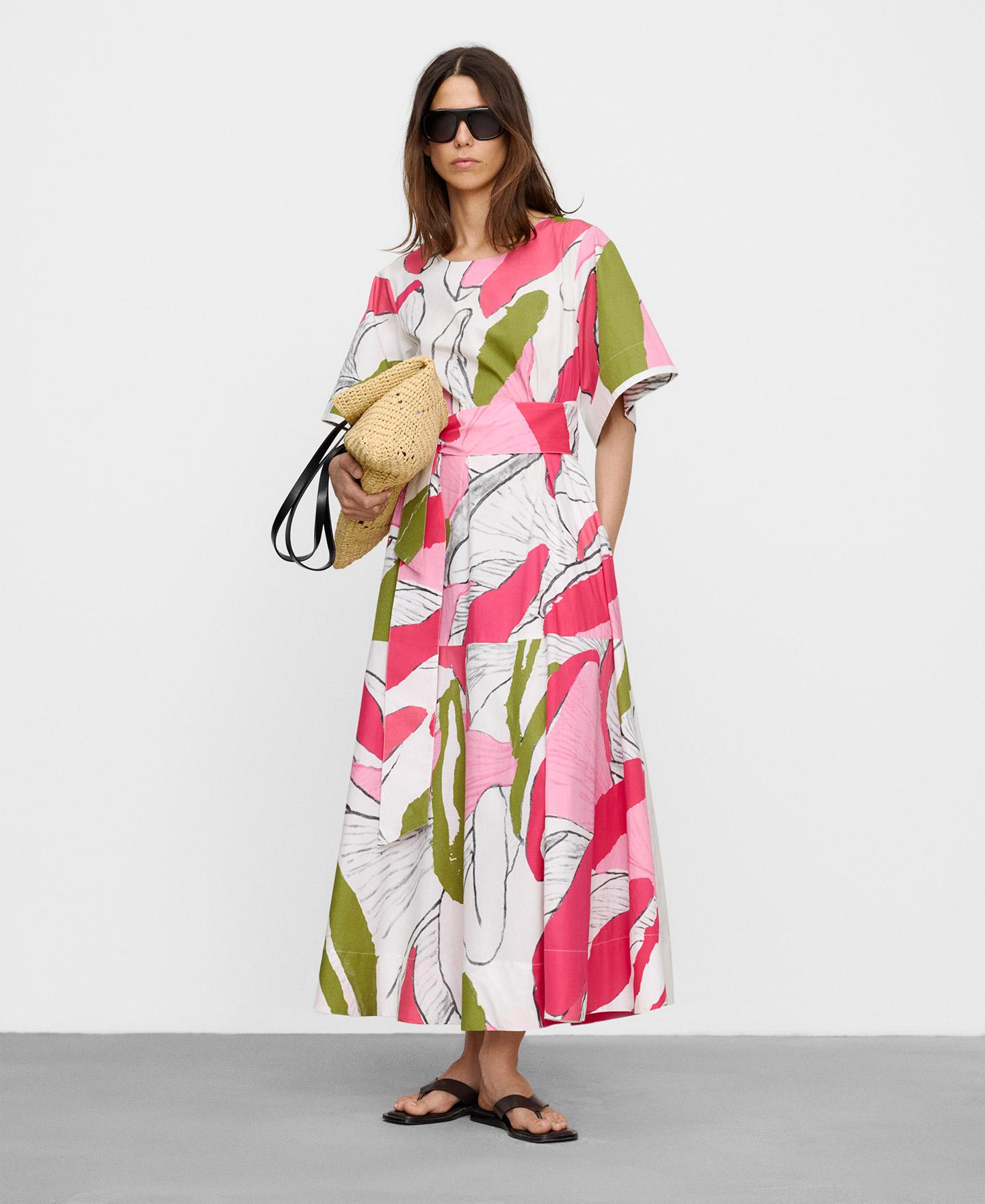 Vestido Midi de Algodão Estampado com Manga Japonesa Rosa / Verde-2