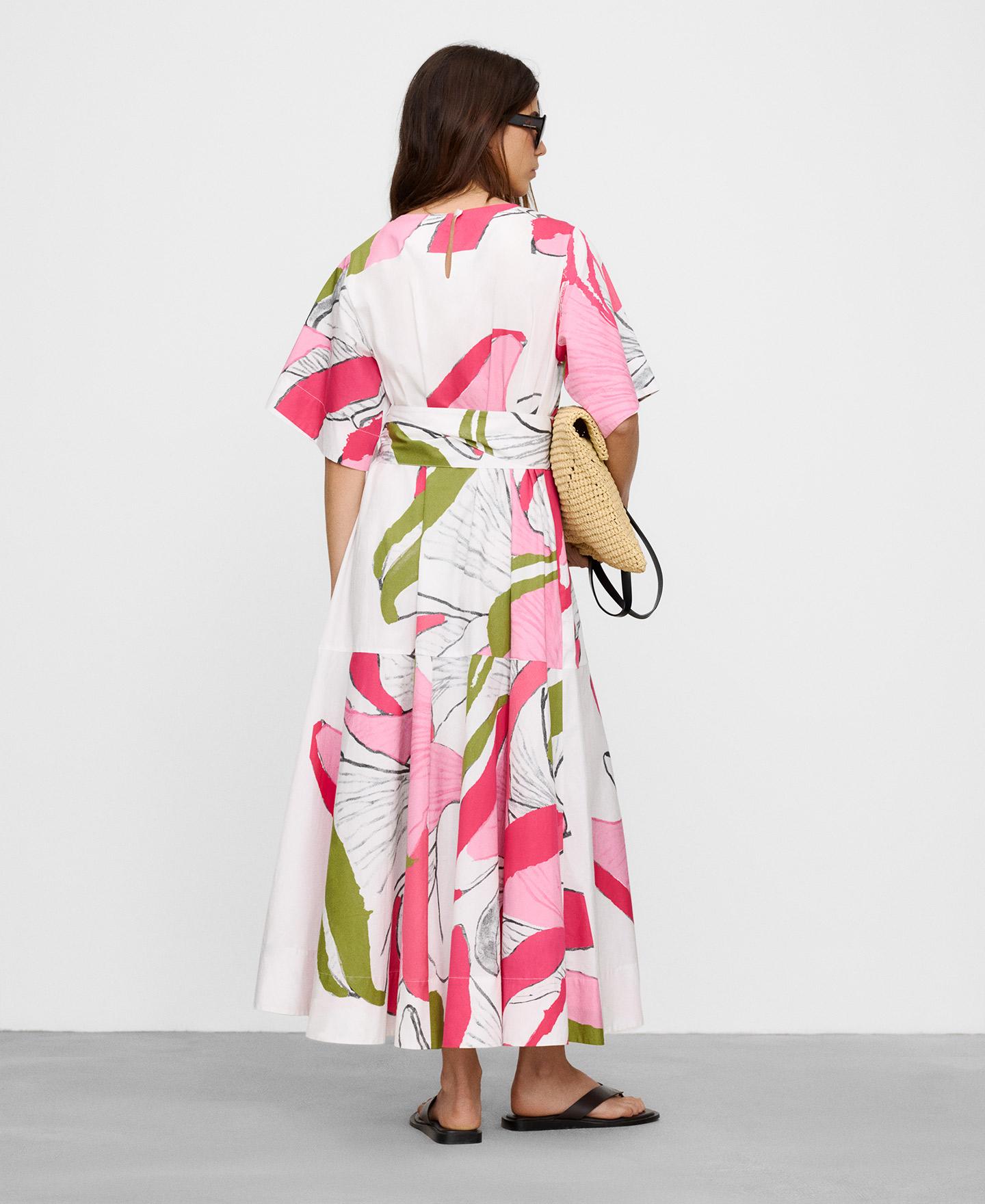 Vestido Midi de Algodão Estampado com Manga Japonesa Rosa / Verde-3