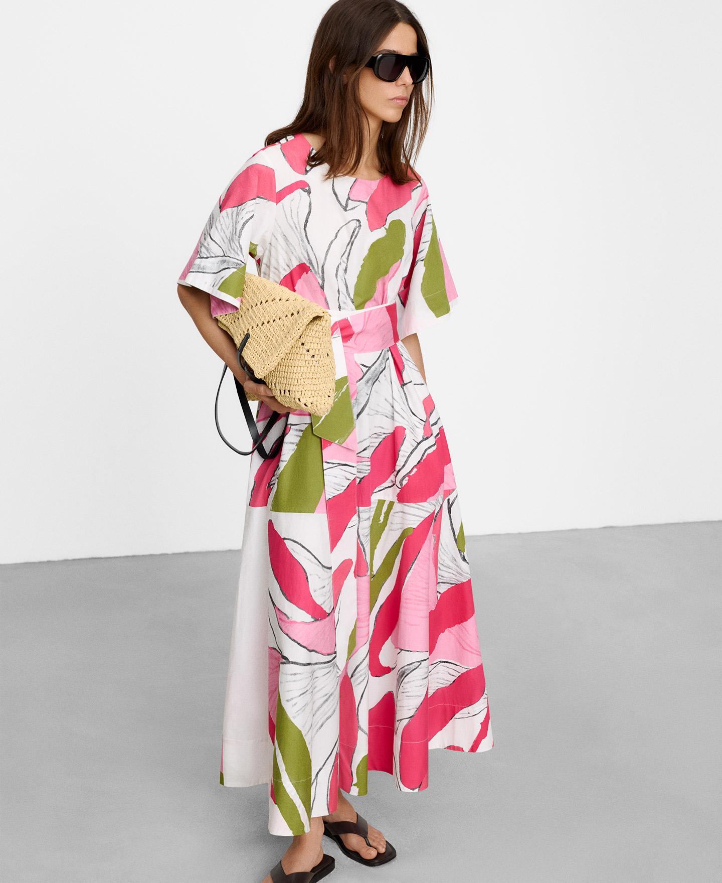 Vestido Midi de Algodão Estampado com Manga Japonesa Rosa / Verde-4