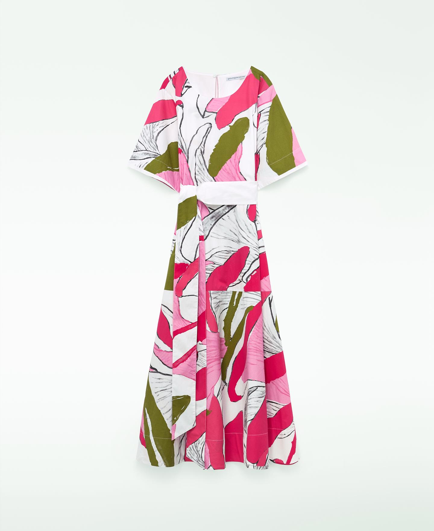 Vestido Midi de Algodão Estampado com Manga Japonesa Rosa / Verde-5