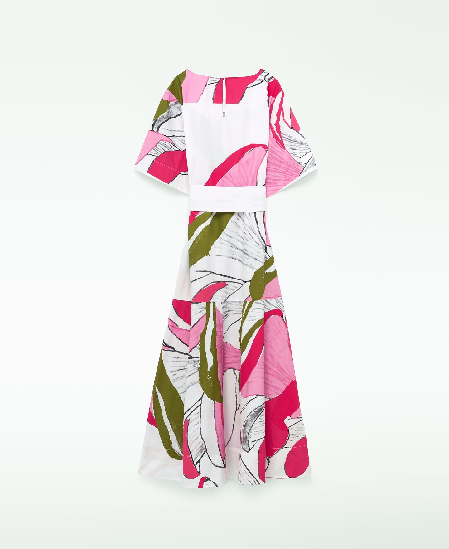 Vestido Midi de Algodão Estampado com Manga Japonesa Rosa / Verde-6