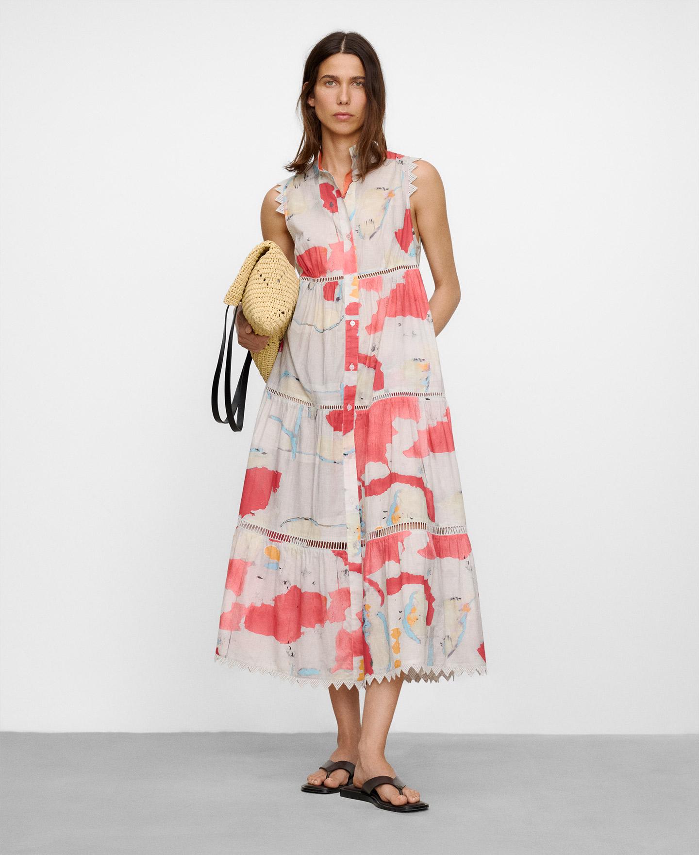 Vestido Comprido Estampado em Algodão com Entredós Branco / Laranja-2
