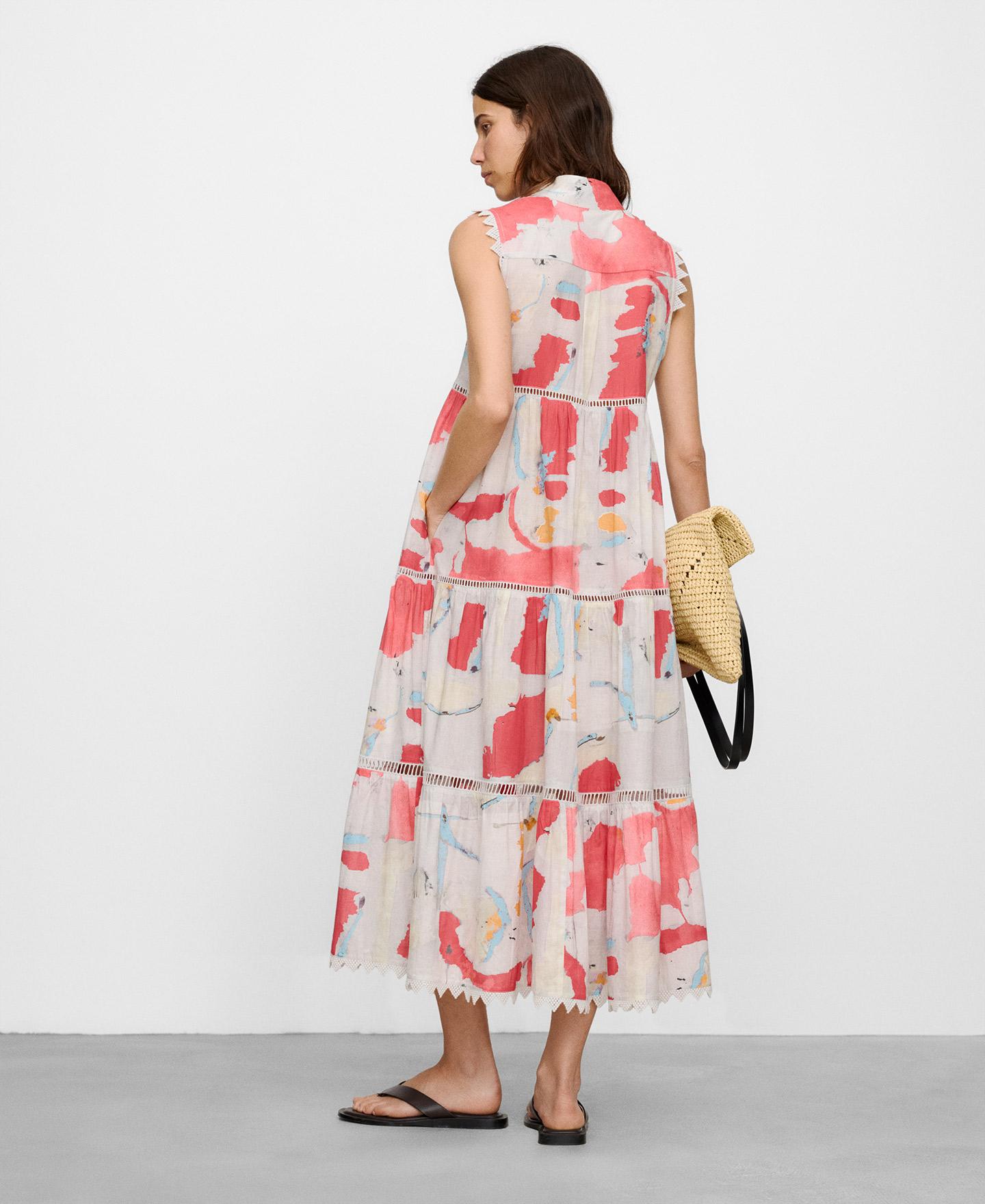 Vestido Comprido Estampado em Algodão com Entredós Branco / Laranja-3