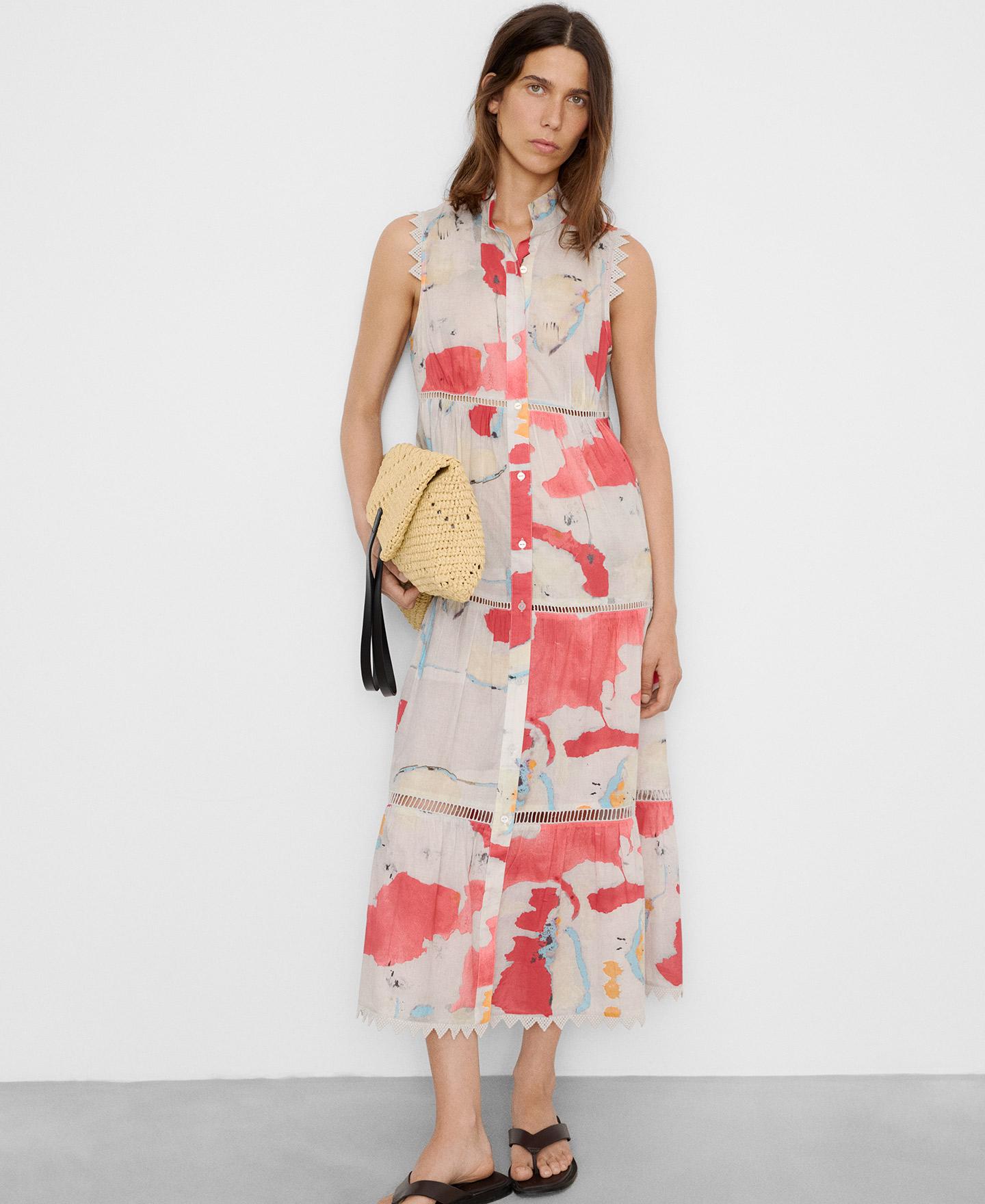 Vestido Comprido Estampado em Algodão com Entredós Branco / Laranja-4