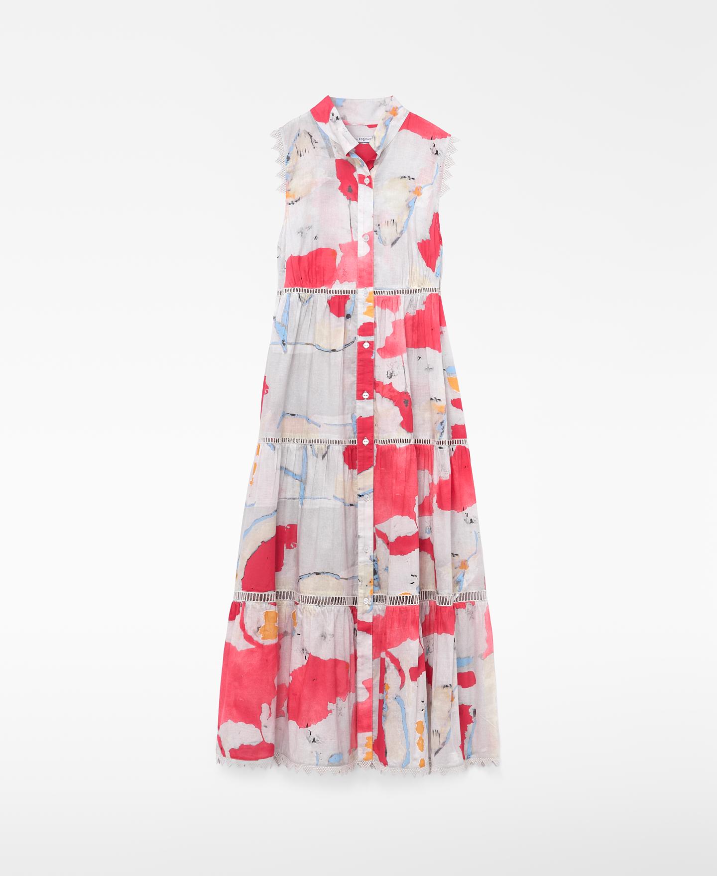 Vestido Comprido Estampado em Algodão com Entredós Branco / Laranja-5