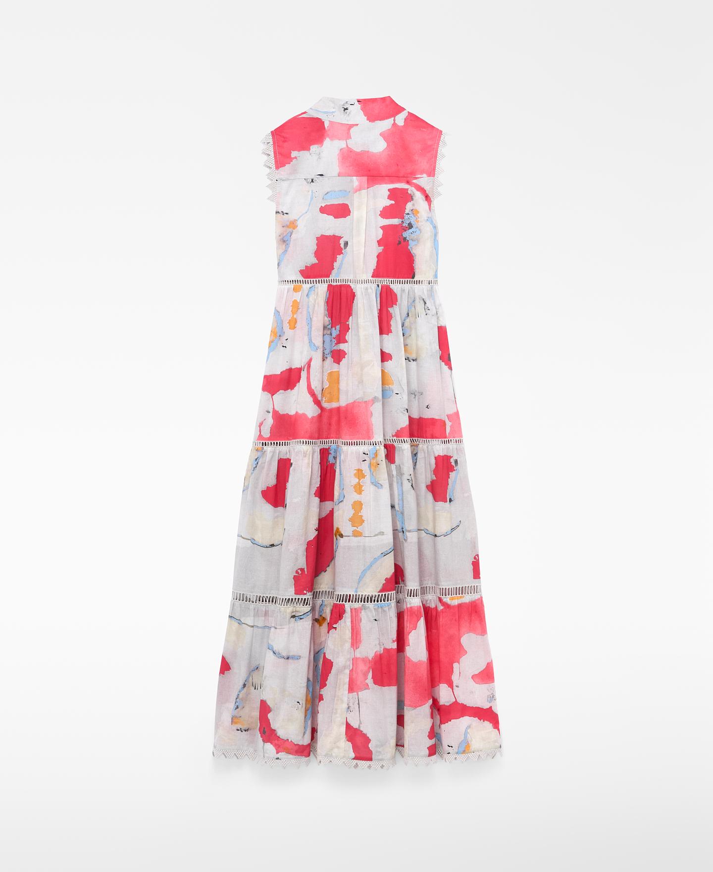 Vestido Comprido Estampado em Algodão com Entredós Branco / Laranja-6