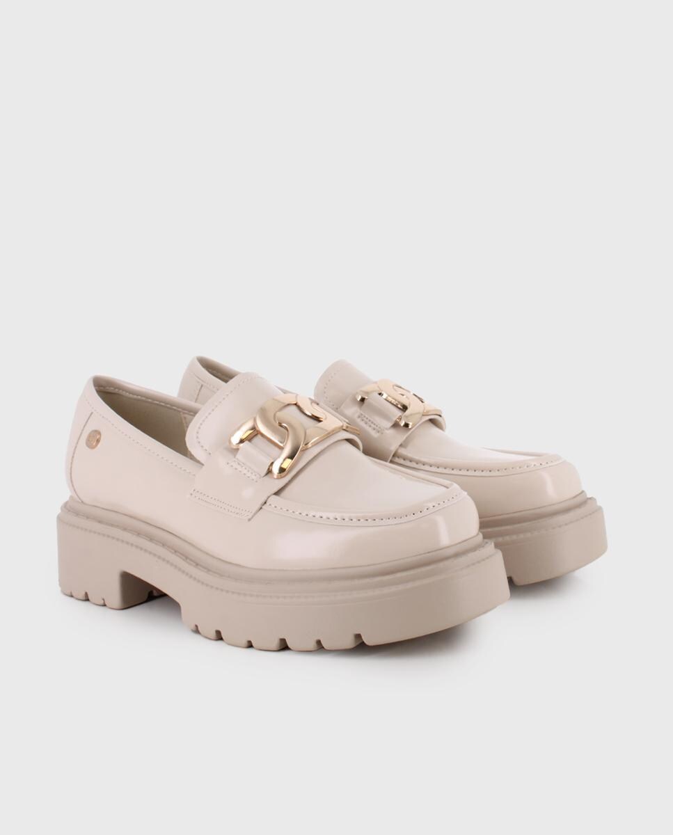 Mocassins com Sola Track e Biqueira Redonda Bege-2