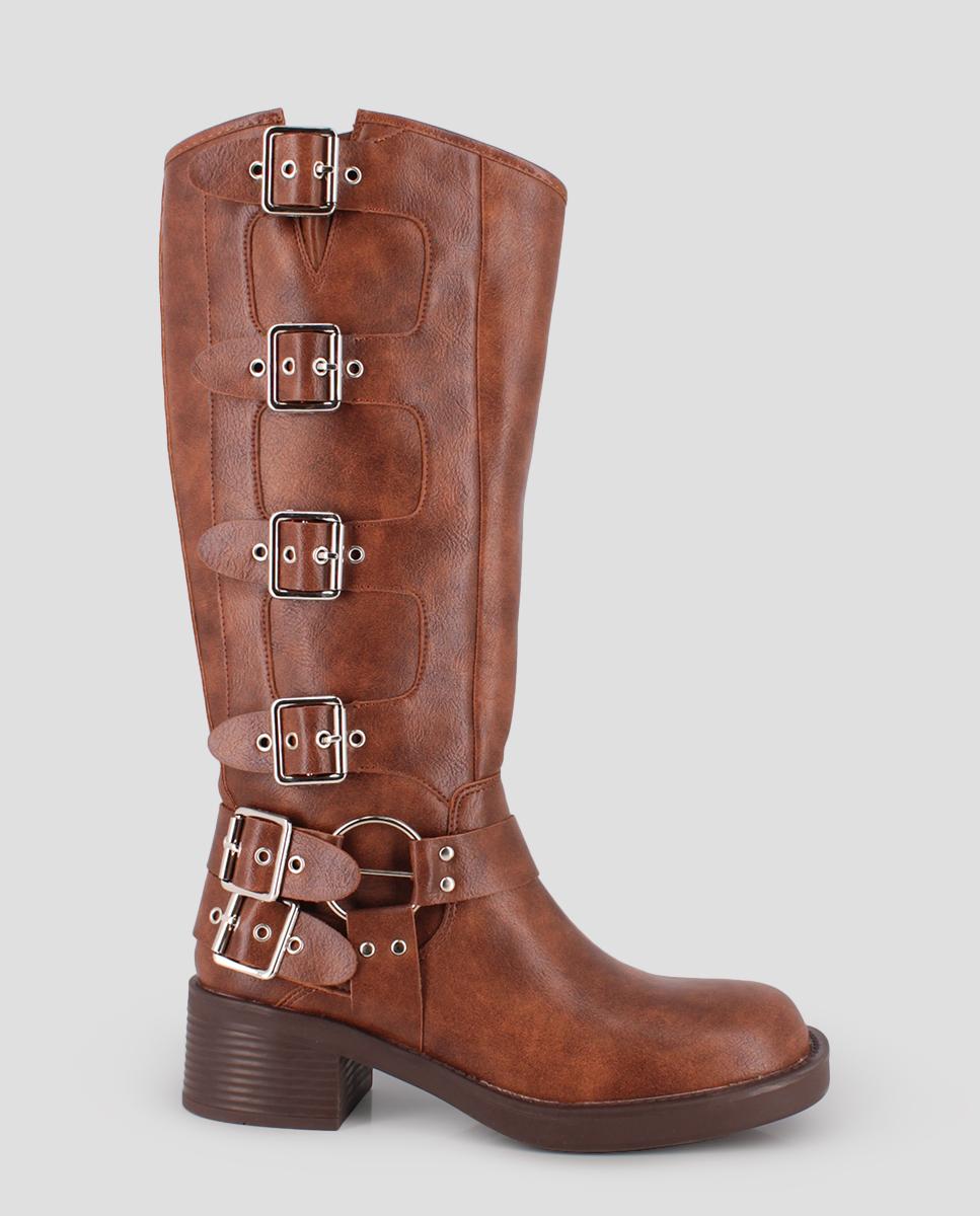 Botas com Biqueira Redonda e Detalhe de Fivelas na Lateral Castanho-1