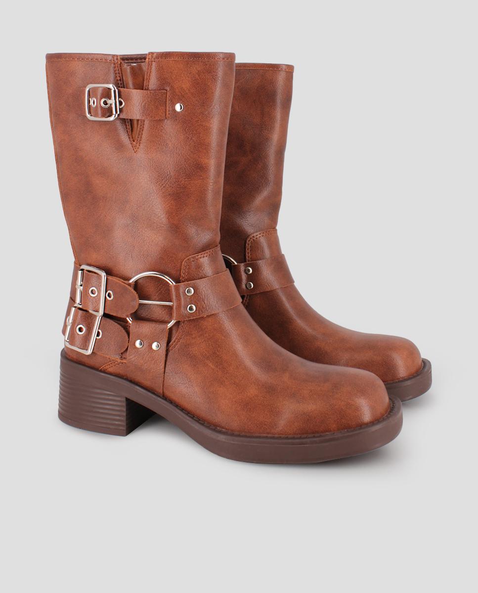 Botins de Cano Médio com Detalhe de Fivelas Castanho-2