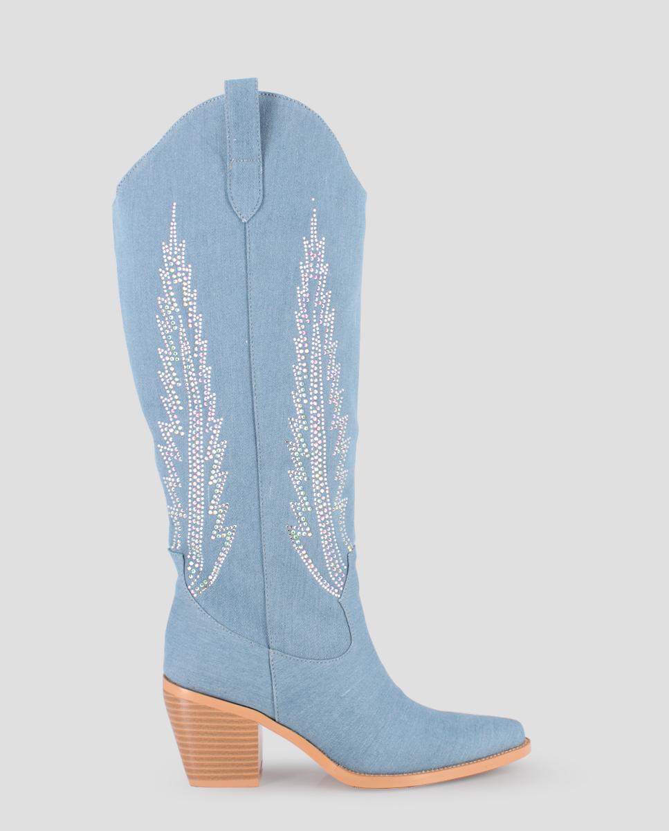 Botas Estilo Campero com Adorno no Cano Azul-claro-1