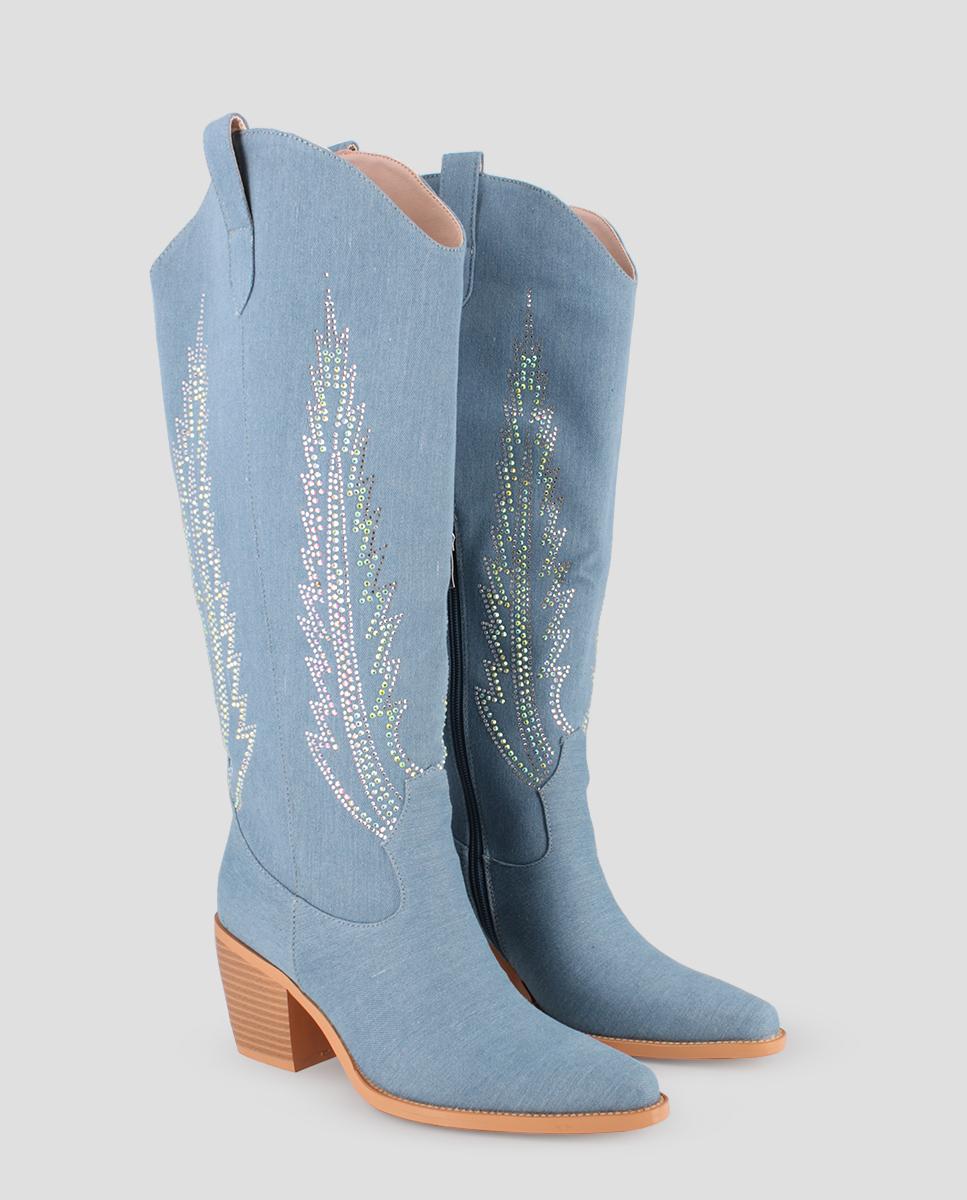 Botas Estilo Campero com Adorno no Cano Azul-claro-2