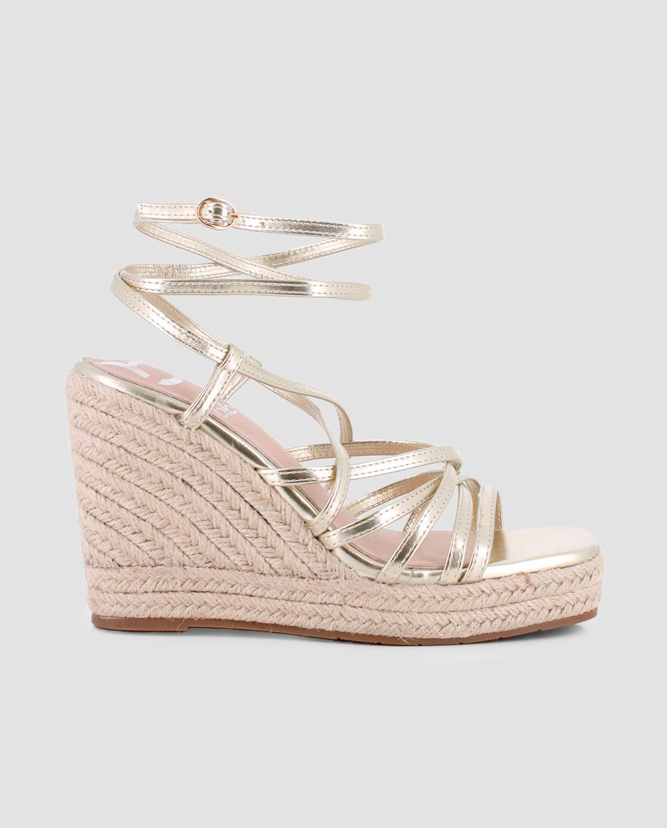 Sandálias de Cunha com Pulseira no Tornozelo e Fecho de Fivela Ouro-1