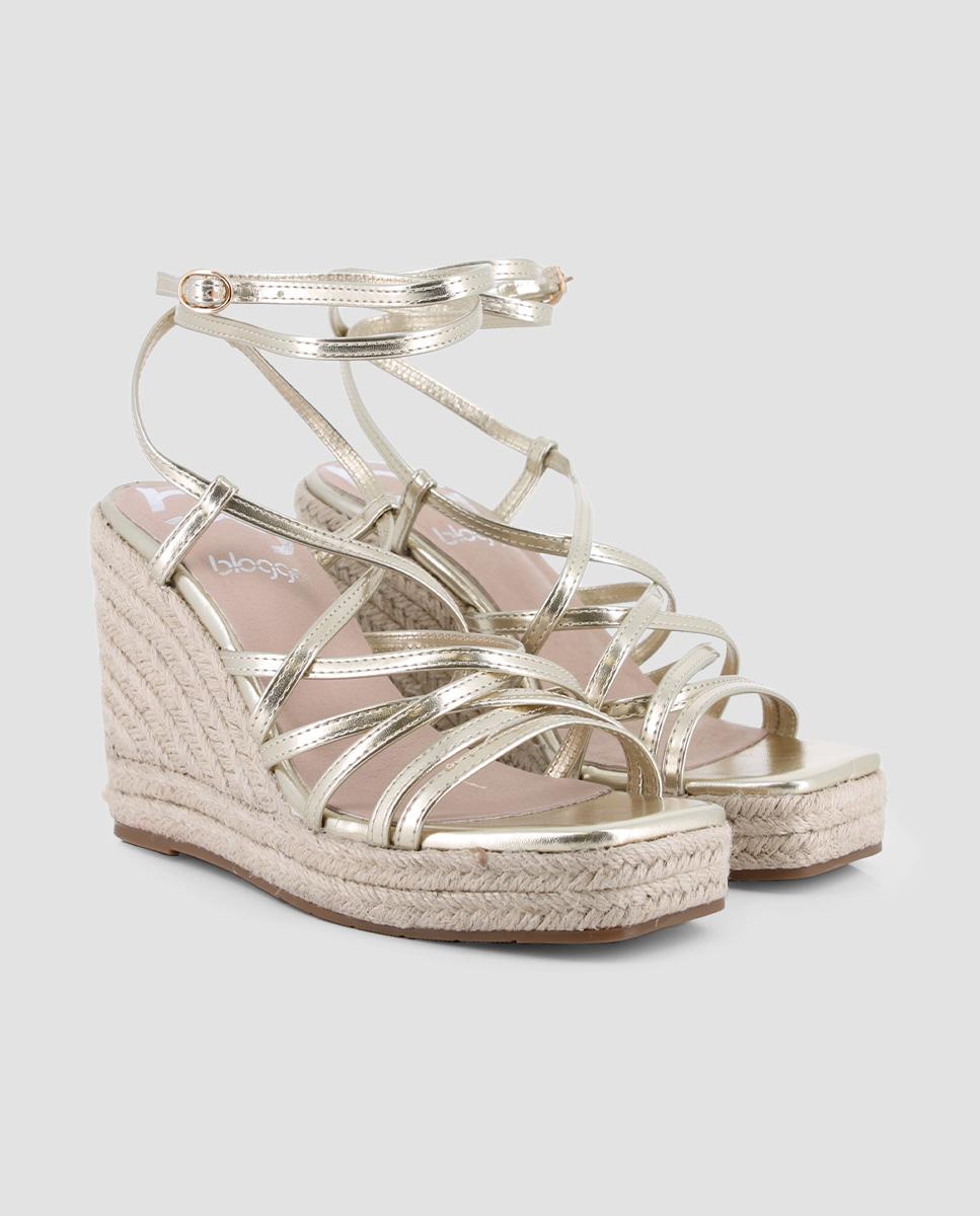 Sandálias de Cunha com Pulseira no Tornozelo e Fecho de Fivela Ouro-2