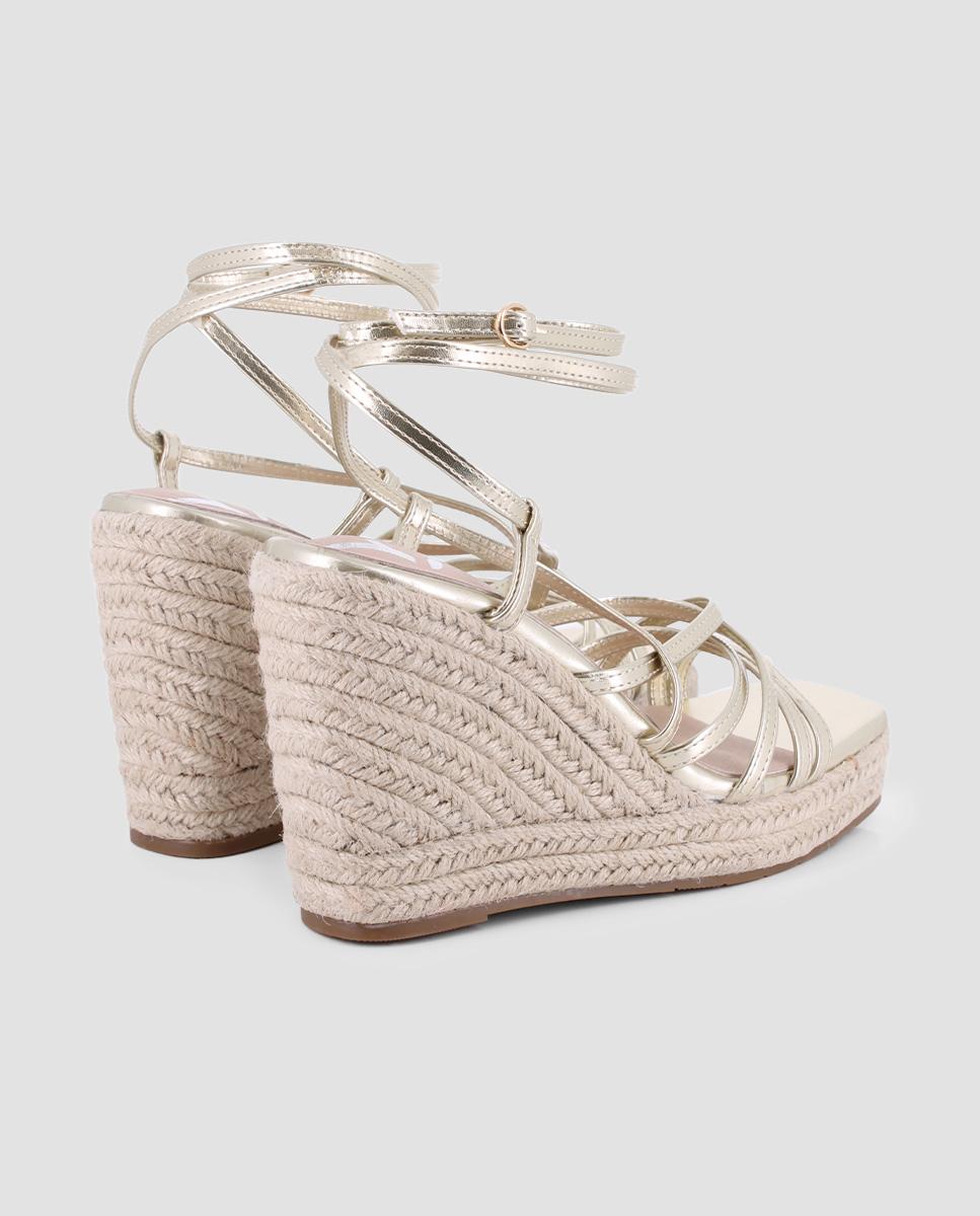 Sandálias de Cunha com Pulseira no Tornozelo e Fecho de Fivela Ouro-3