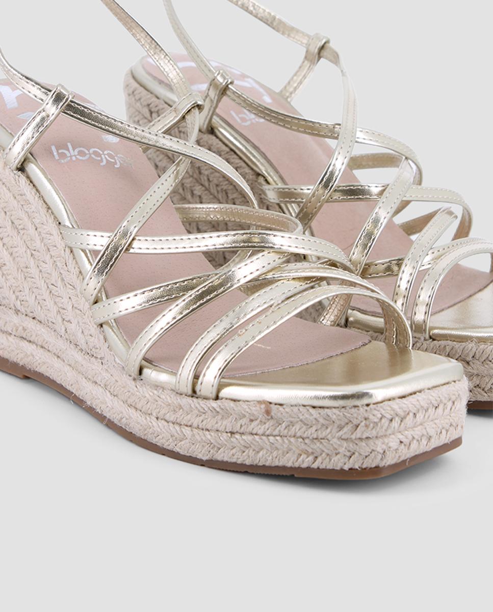 Sandálias de Cunha com Pulseira no Tornozelo e Fecho de Fivela Ouro-4