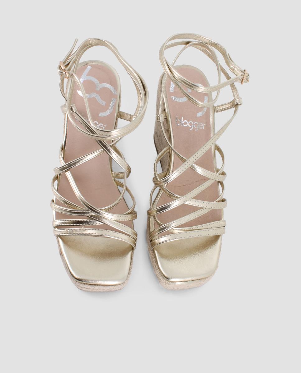 Sandálias de Cunha com Pulseira no Tornozelo e Fecho de Fivela Ouro-5