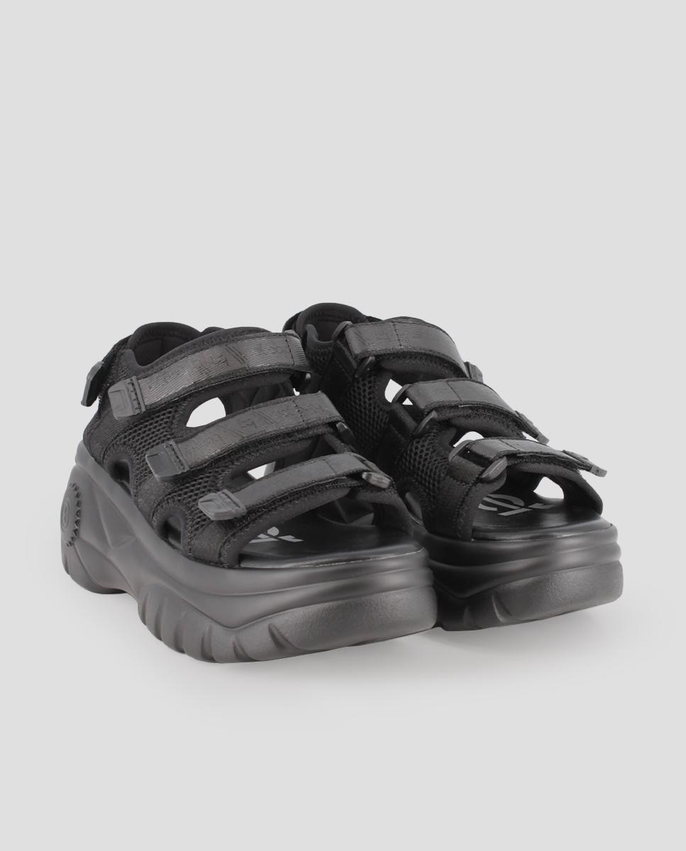 Sandálias com Tiras de Plataforma com Cintas de Lona em Preto Preto-2