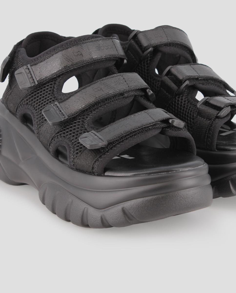 Sandálias com Tiras de Plataforma com Cintas de Lona em Preto Preto-4