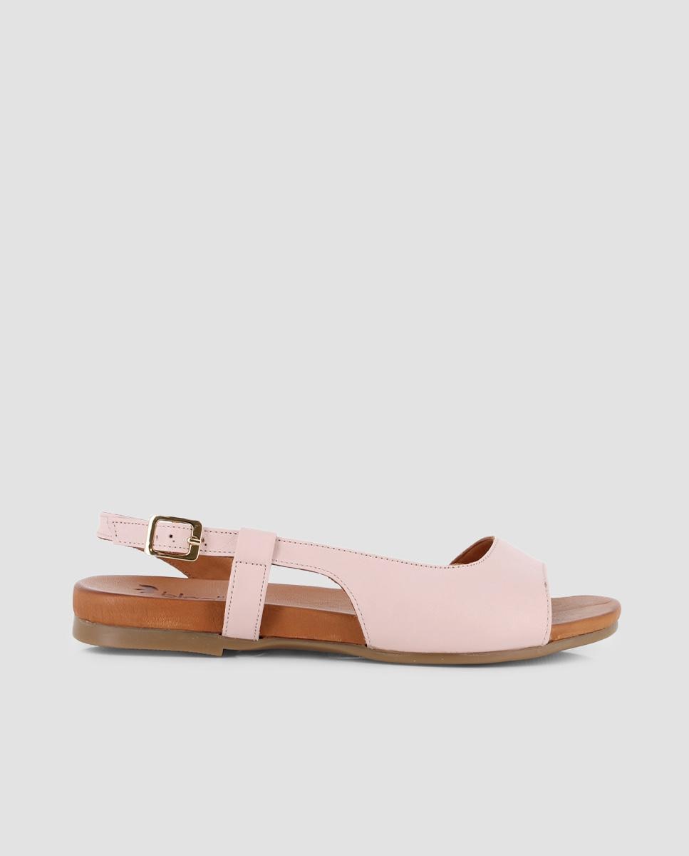 Sandálias Rasas de Pele com Fecho de Fivela Bege-1